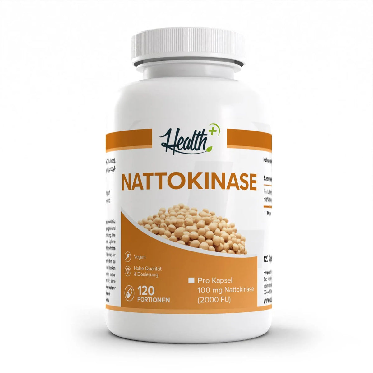 Healthplus Nattokinase 120 Kapseln Vorderseite weiße Kunststoffdose
