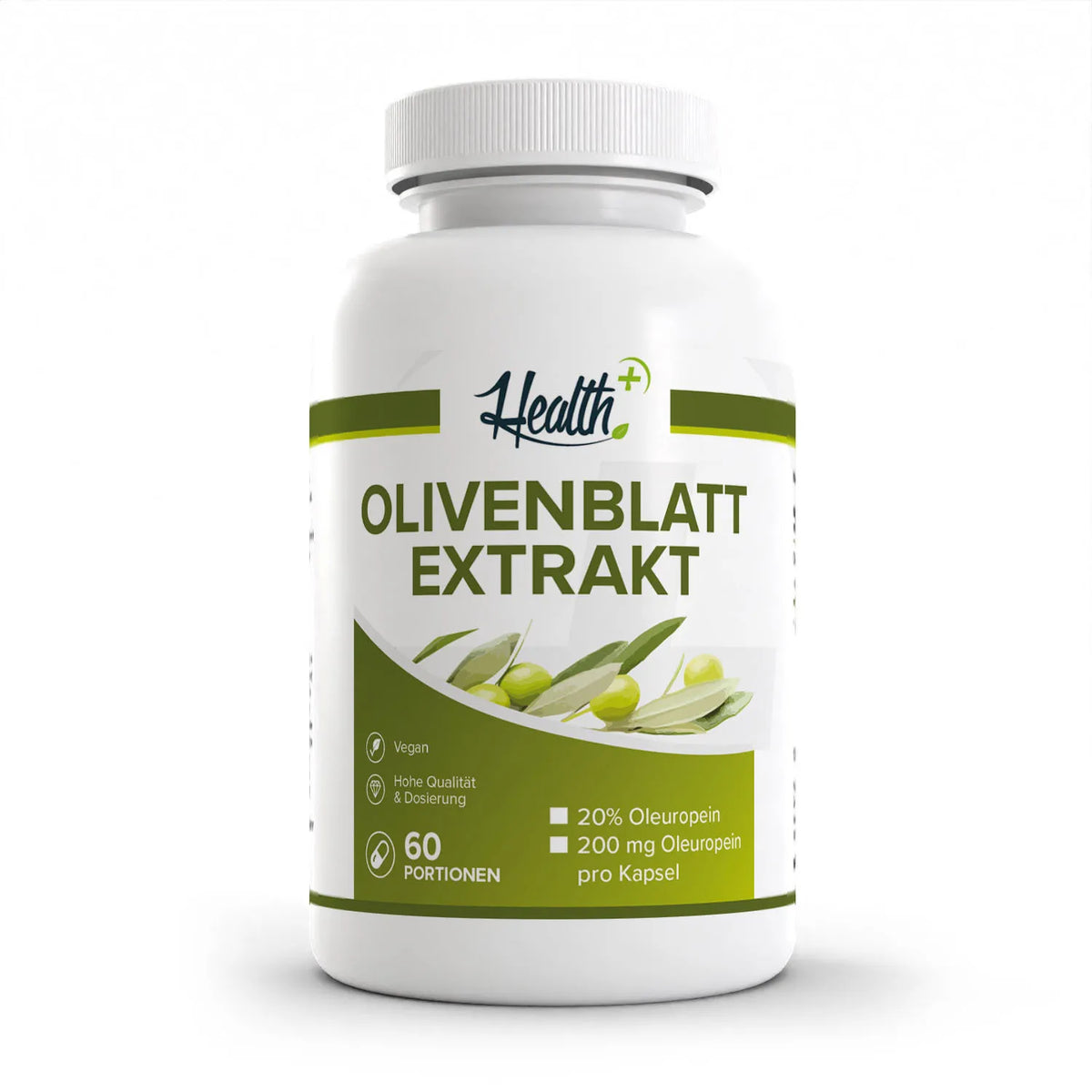 Healthplus Olivenblattextrakt 120 Kapseln Vorderseite weiße Kunststoffdose