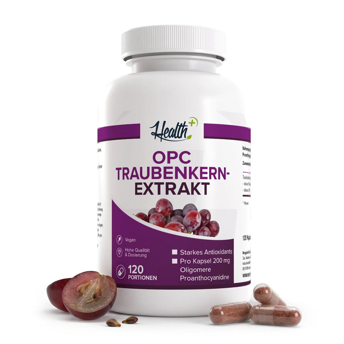 Healthplus Opc Traubenkernextrakt 120 Kapseln Vorderseite weiße Kunststoffdose