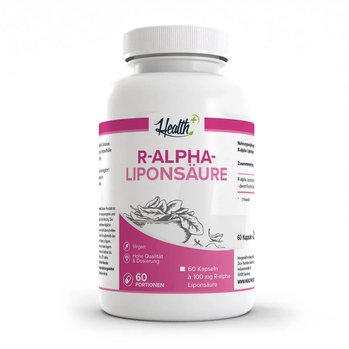 Healthplus R-Alpha-Liponsäure 60 Kapseln Vorderseite weiße Kunststoffdose