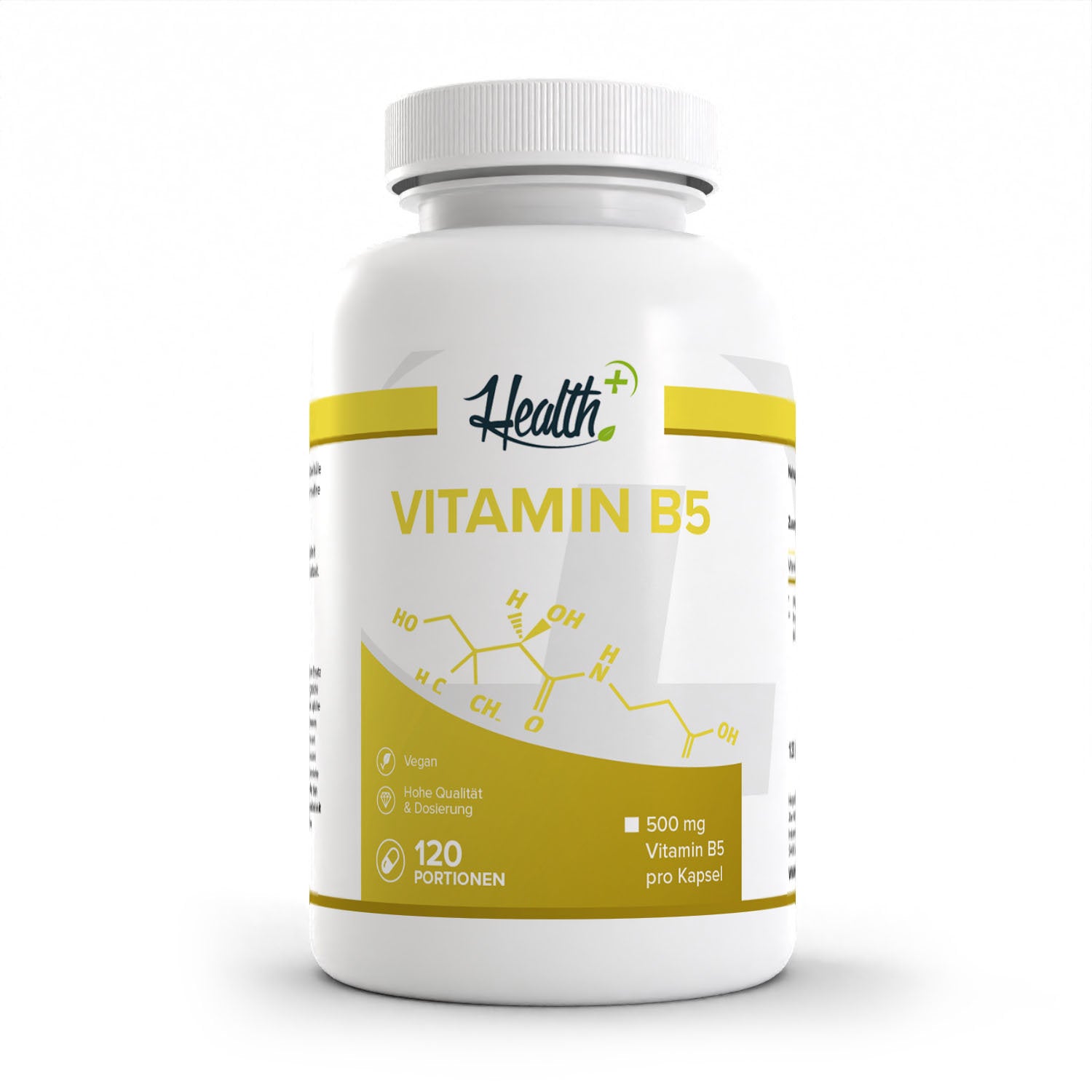 Healthplus Vitamin B5 120 Kapseln Vorderseite weiße Kunststoffdose