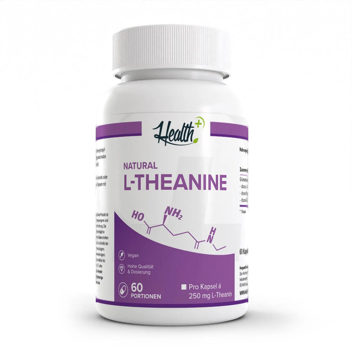 Healthplus L-Theanin 60 Kapseln Vorderseite weiße Kunststoffdose