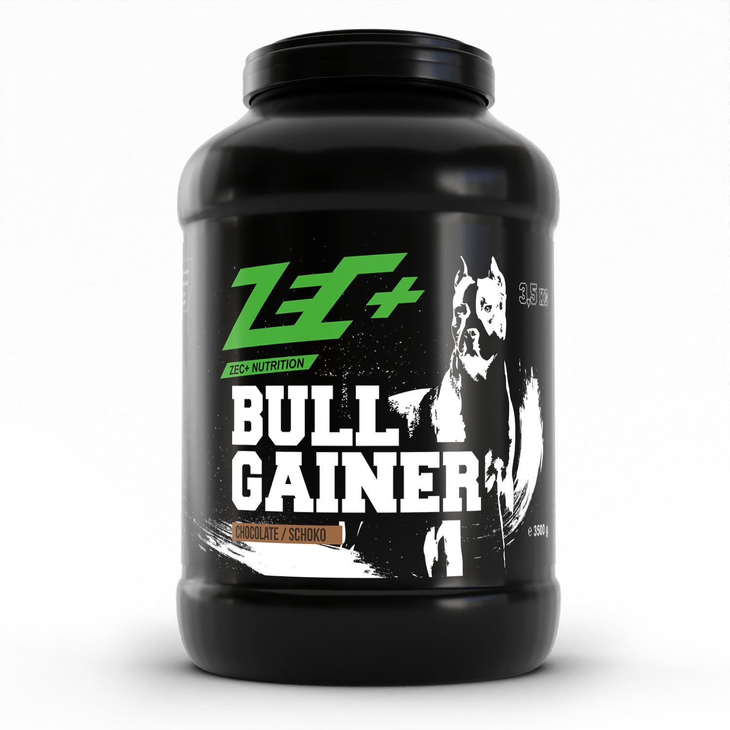 Zecplus Bullgainer Weightgainer 3500g Pulver Schokolade Vorderseite schwarze Kunststoffdose