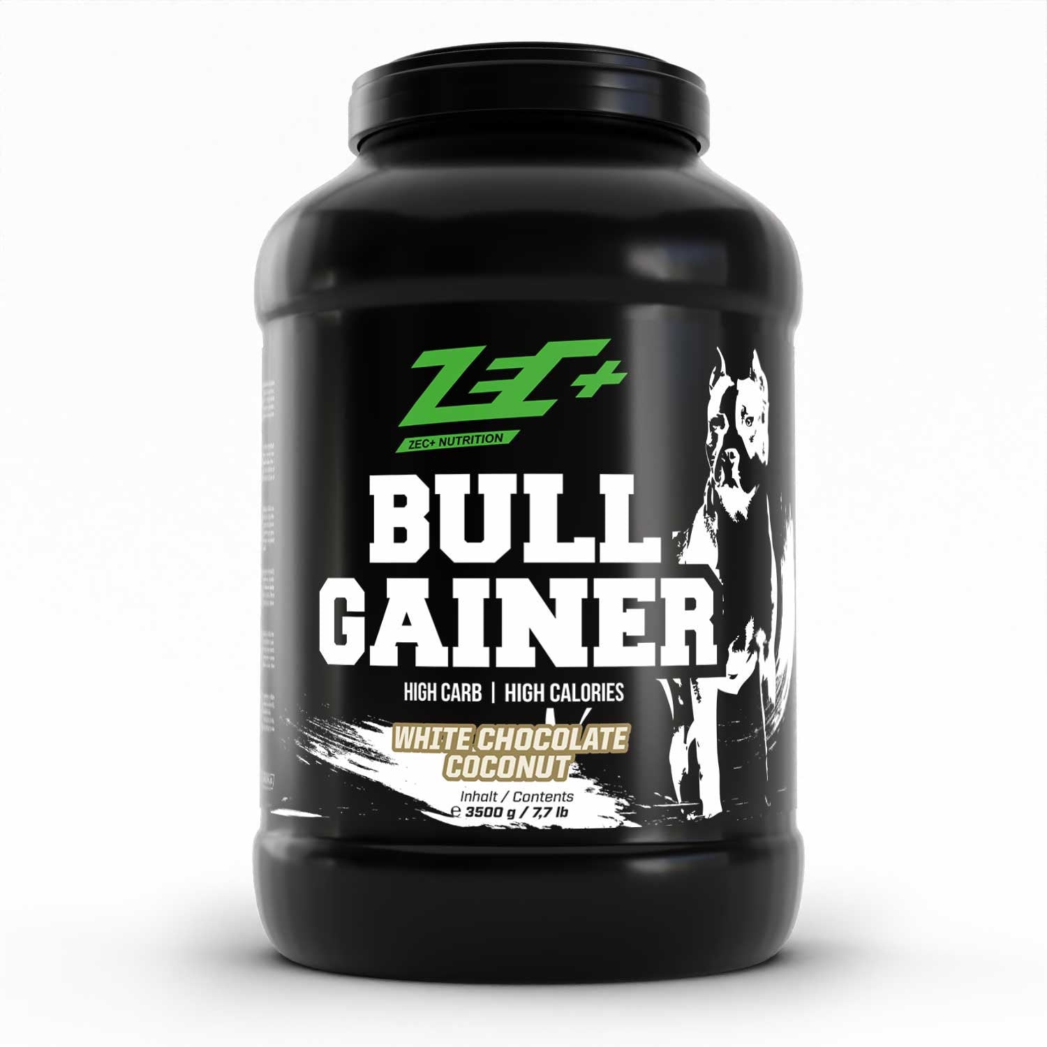 Zecplus Bullgainer Weightgainer 3500g Pulver White Chocolate Coconut Vorderseite schwarze Kunststoffdose