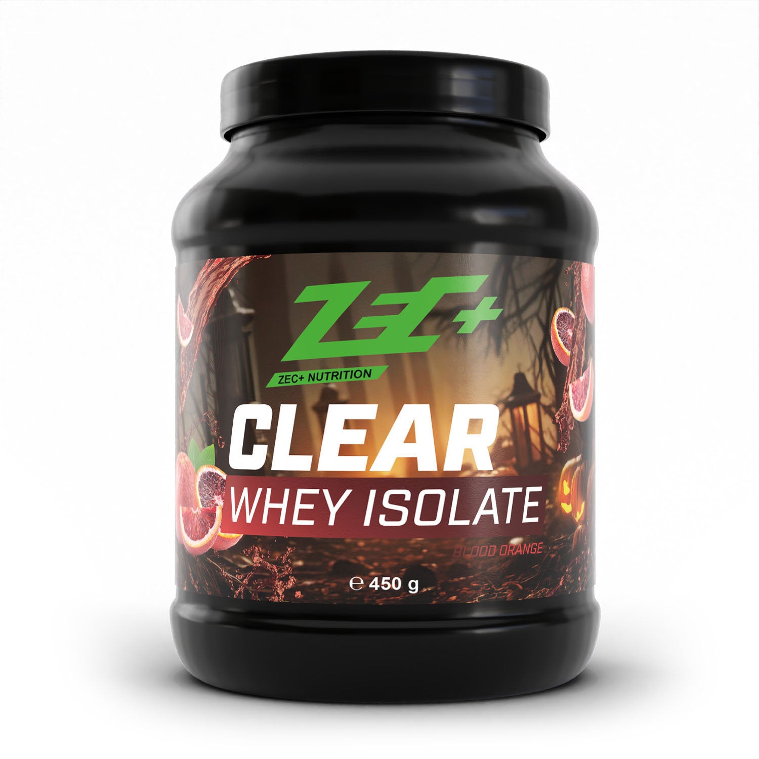 Zecplus Clear Whey Isolat Proteinpulver Blutorange 450g Vorderseite schwarze Kunststoffdose