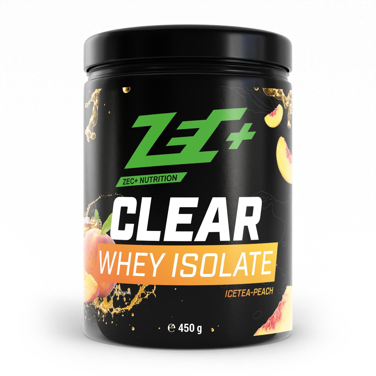 Zecplus Clear Whey Isolat Proteinpulver Eistee Pfirsich 450g Vorderseite schwarze Kunststoffdose