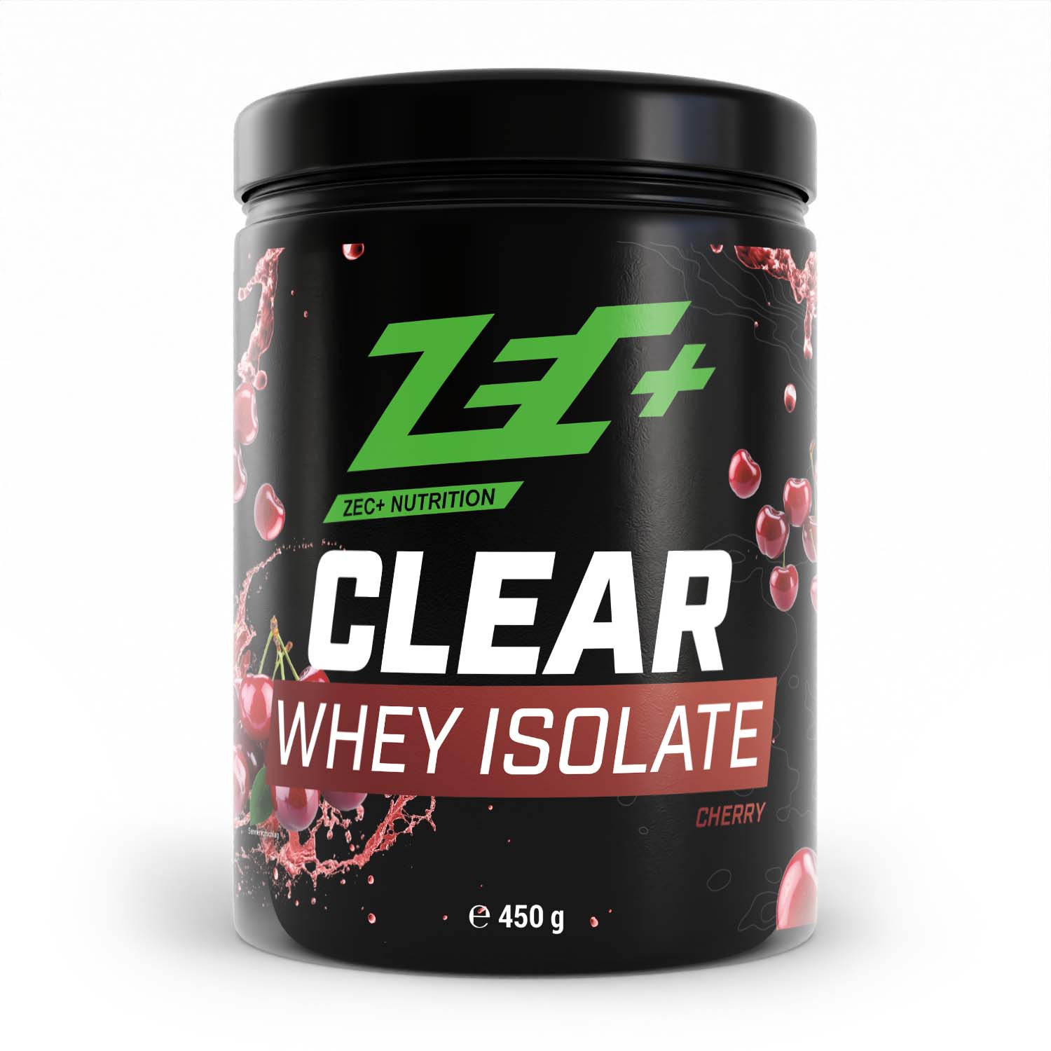 Zecplus Clear Whey Isolat Proteinpulver Kirsche 450g Vorderseite schwarze Kunststoffdose