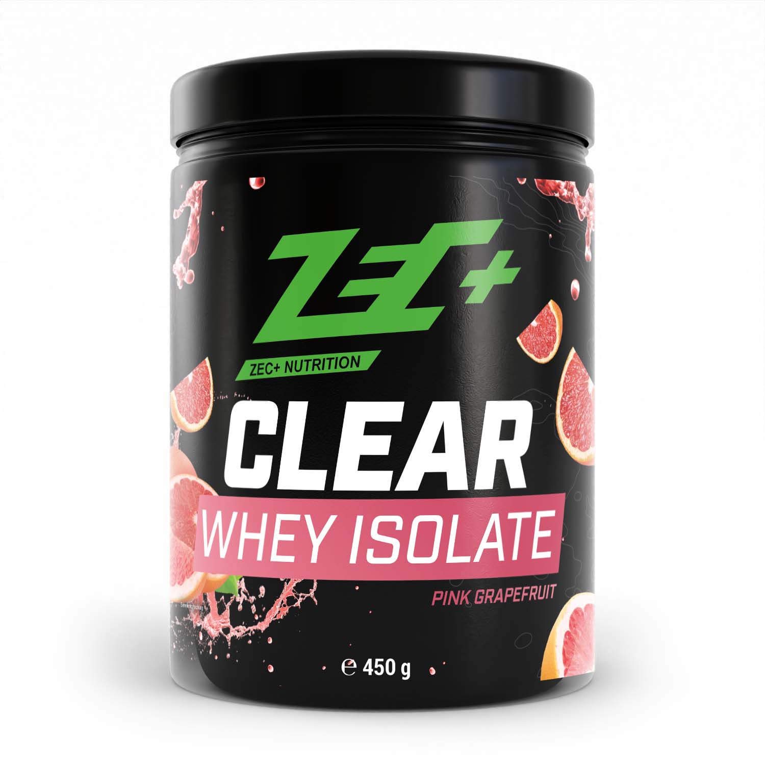 Zecplus Clear Whey Isolat Proteinpulver Pink Grapefruit 450g Vorderseite schwarze Kunststoffdose