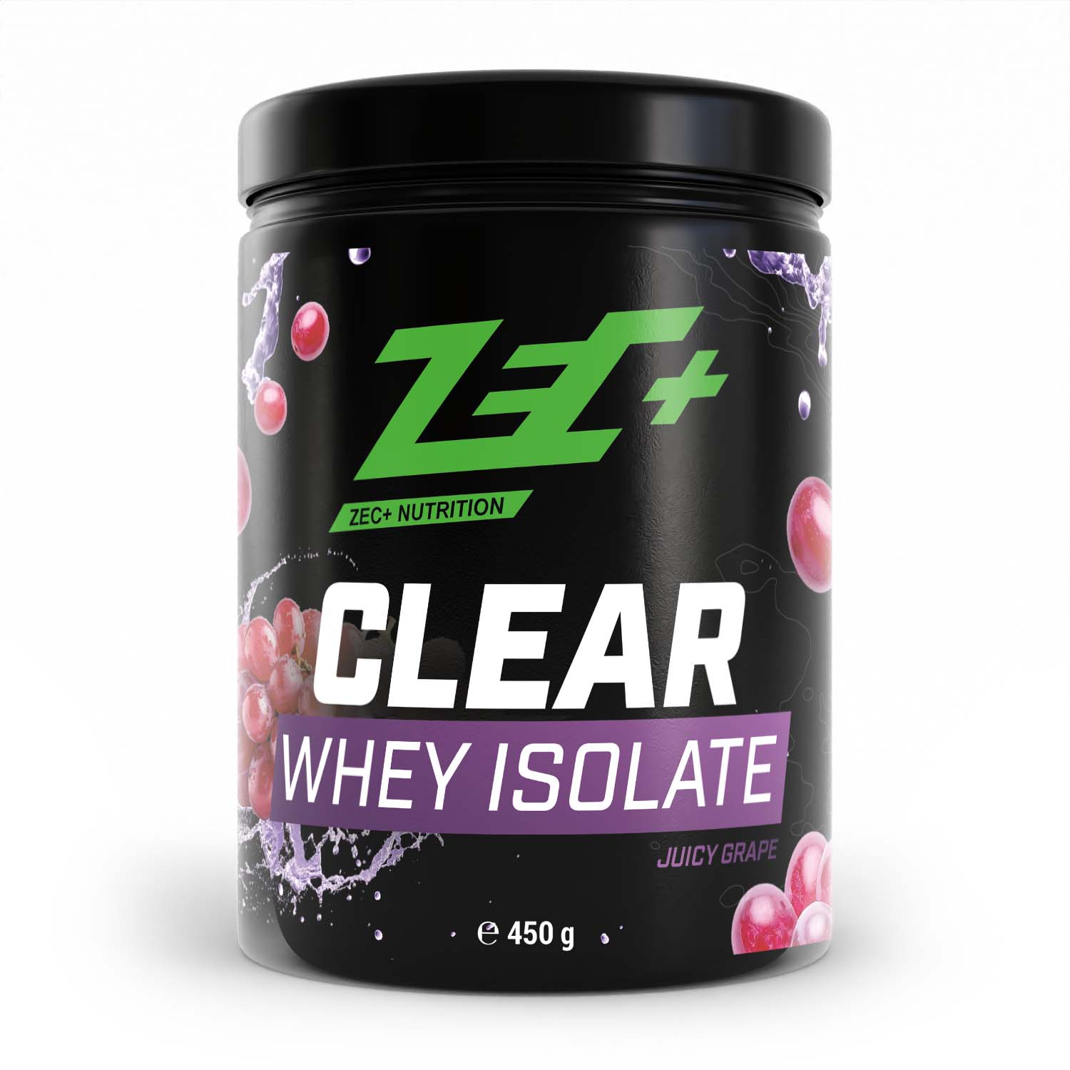 Zecplus Clear Whey Isolat Proteinpulver Rote Traube 450g Vorderseite schwarze Kunststoffdose