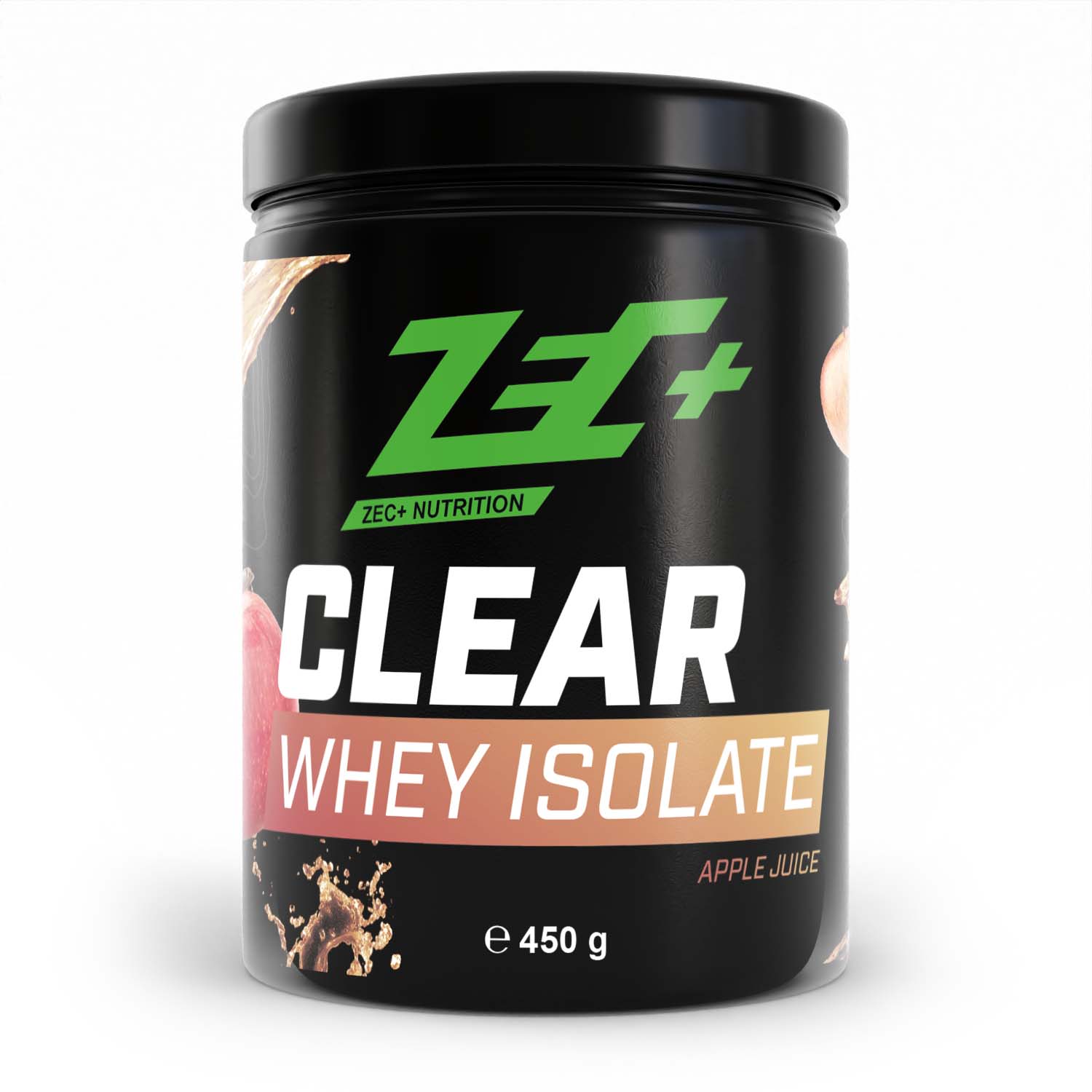 Zecplus Clear Whey Isolat Proteinpulver Süßer Apfel 450g Vorderseite schwarze Kunststoffdose