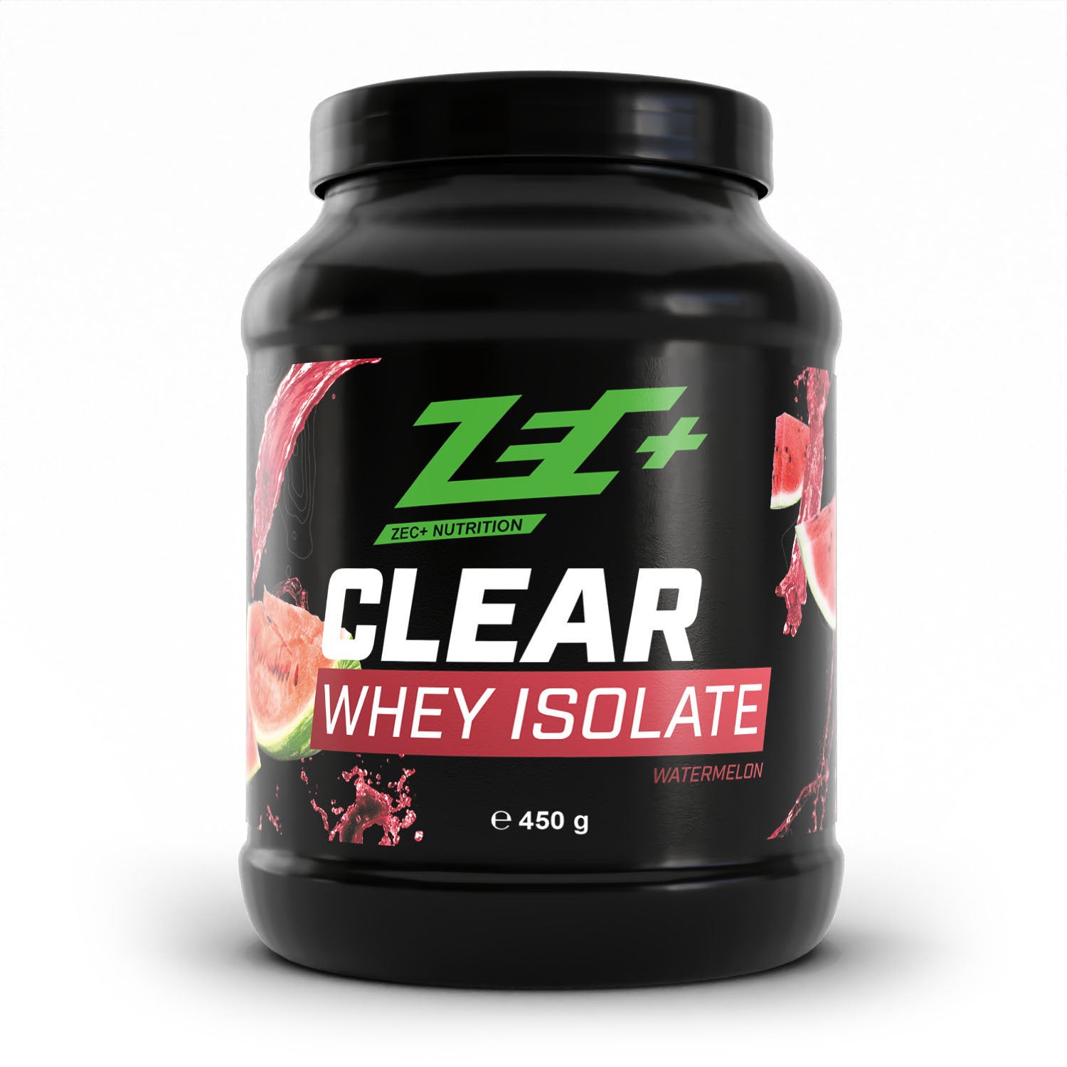 Zecplus Clear Whey Isolat Proteinpulver Wassermelone 450g Vorderseite schwarze Kunststoffdose
