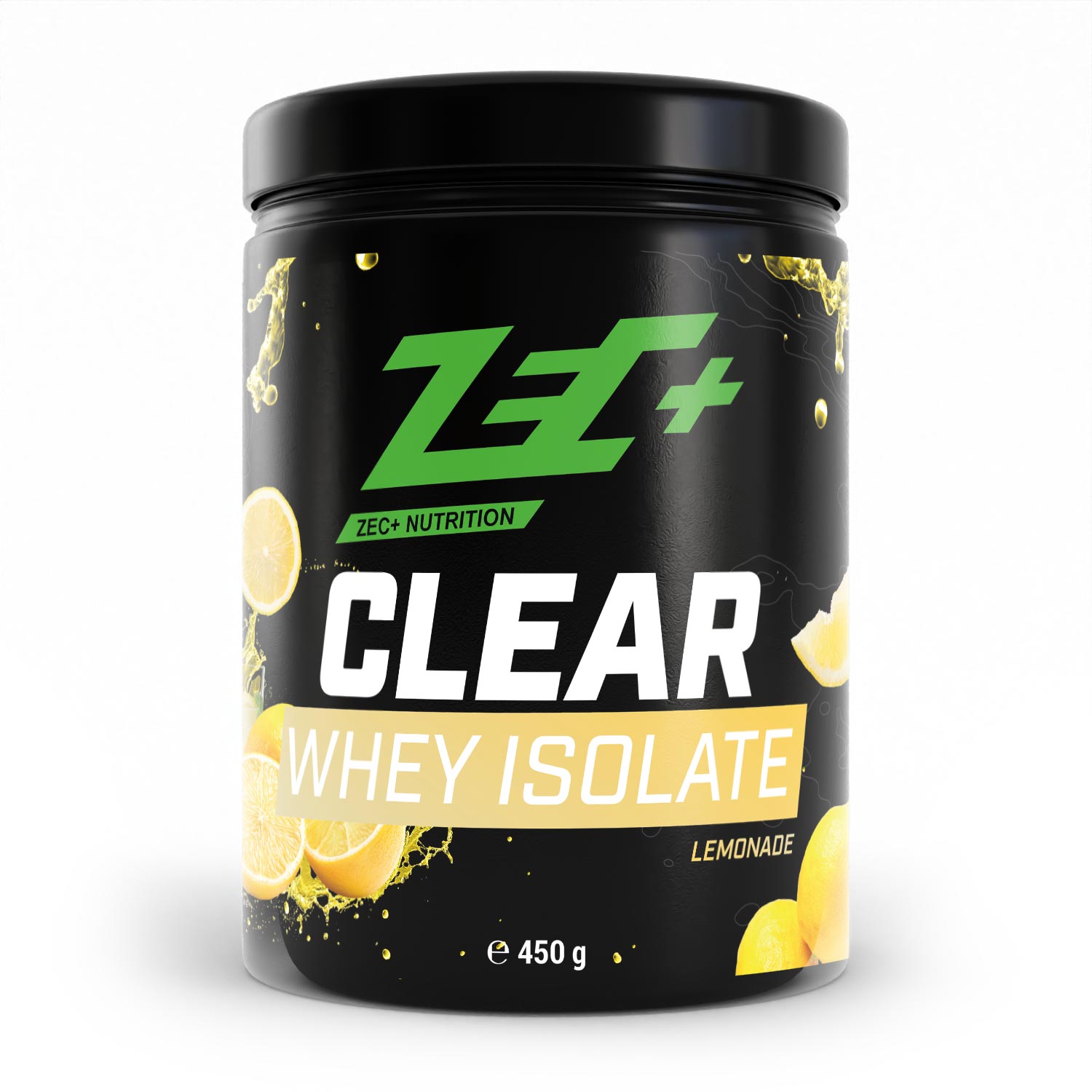 Zecplus Clear Whey Isolat Proteinpulver Zitronenlimonade 450g Vorderseite schwarze Kunststoffdose