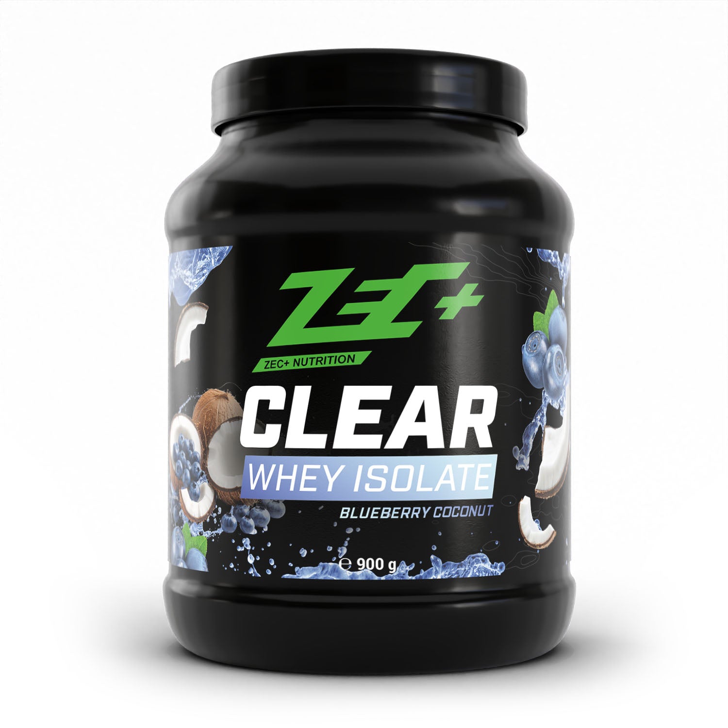 Zecplus Clear Whey Isolat Proteinpulver Blaubeere Kokos 900g Vorderseite schwarze Kunststoffdose