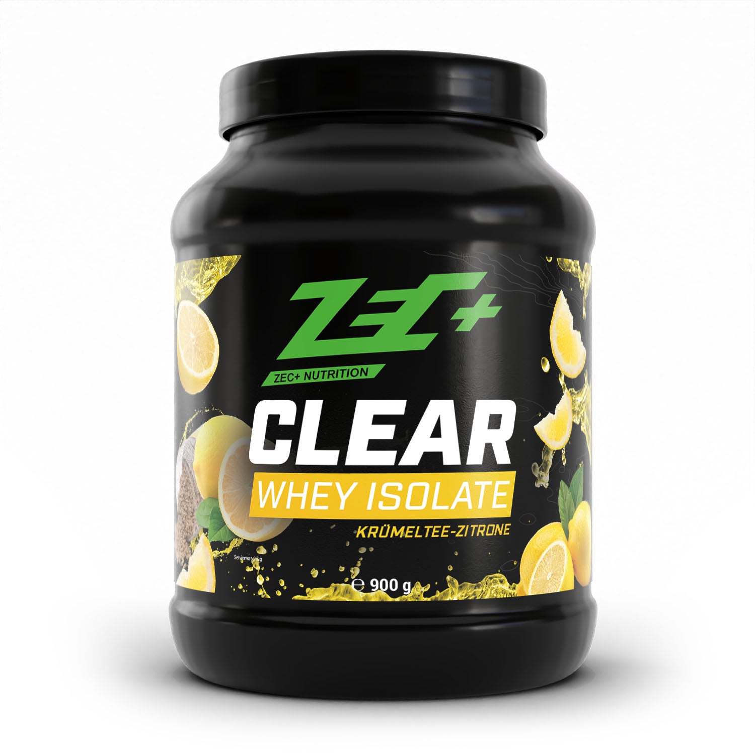 Zecplus Clear Whey Isolat Proteinpulver Krümeltee Zitrone 900g Vorderseite schwarze Kunststoffdose