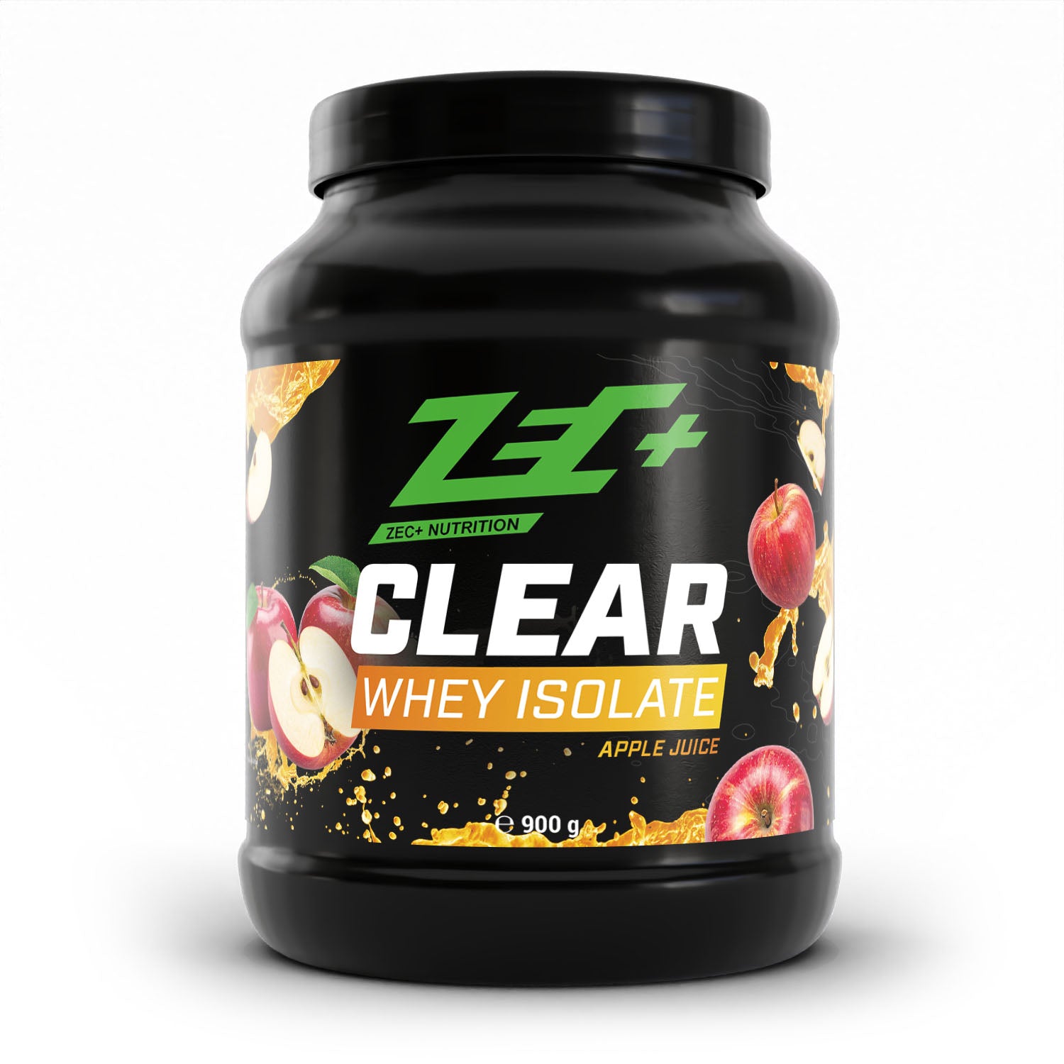 Zecplus Clear Whey Isolat Proteinpulver Süßer Apfel 900g Vorderseite schwarze Kunststoffdose