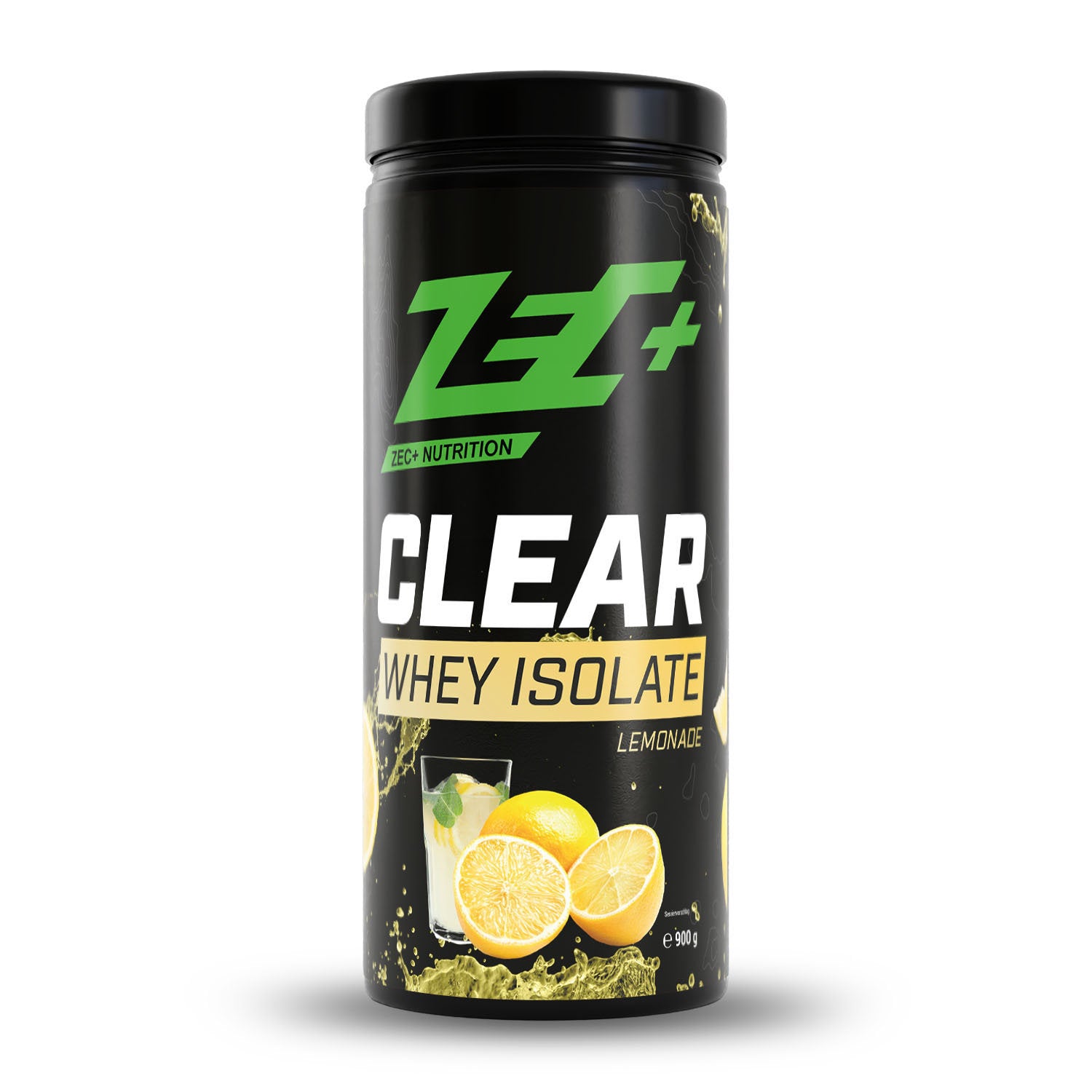Zecplus Clear Whey Isolat Proteinpulver Zitronenlimonade 900g Vorderseite schwarze Kunststoffdose