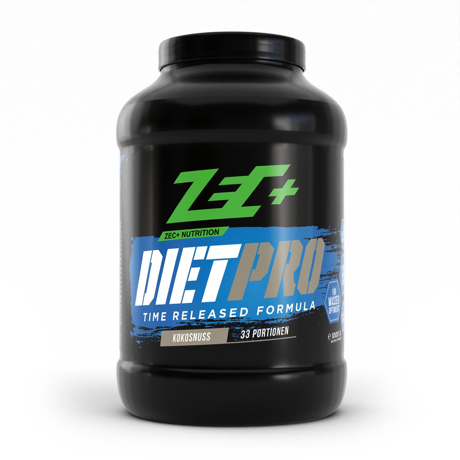 Zecplus Diet Pro Proteinpulver Kokosnuss 1000g Vorderseite schwarze Kunststoffdose