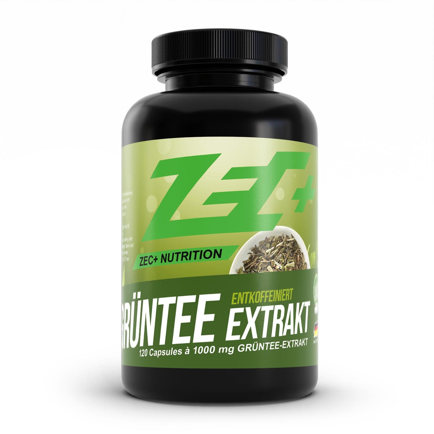 Zecplus Grüntee Extrakt entkoffeiniert 120 Kapseln Vorderseite schwarze Kunststoffdose