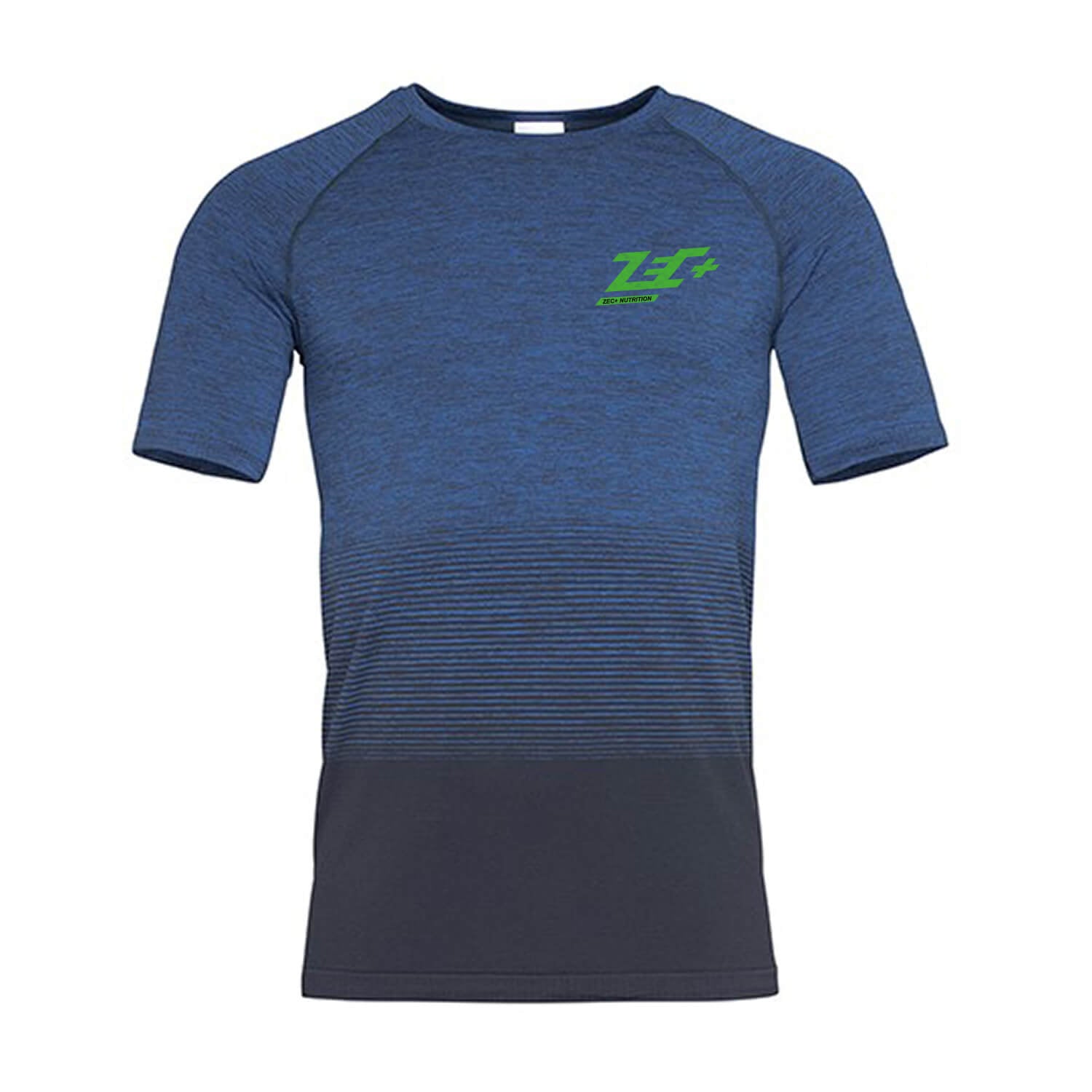 Blaues Zec+ Gym T-Shirt mit grünem Logo, Vorderansicht, Größe S–XXL