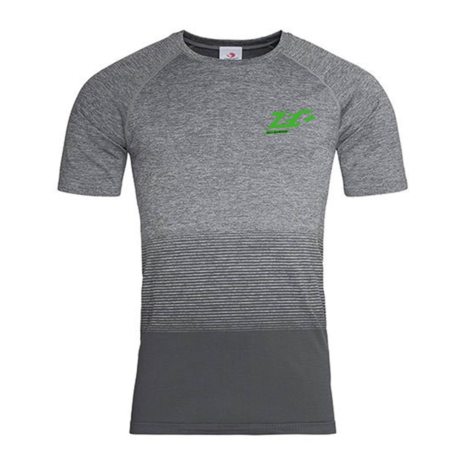Graues Zec+ Gym T-Shirt mit grünem Logo, Vorderansicht, Größe S–XXL