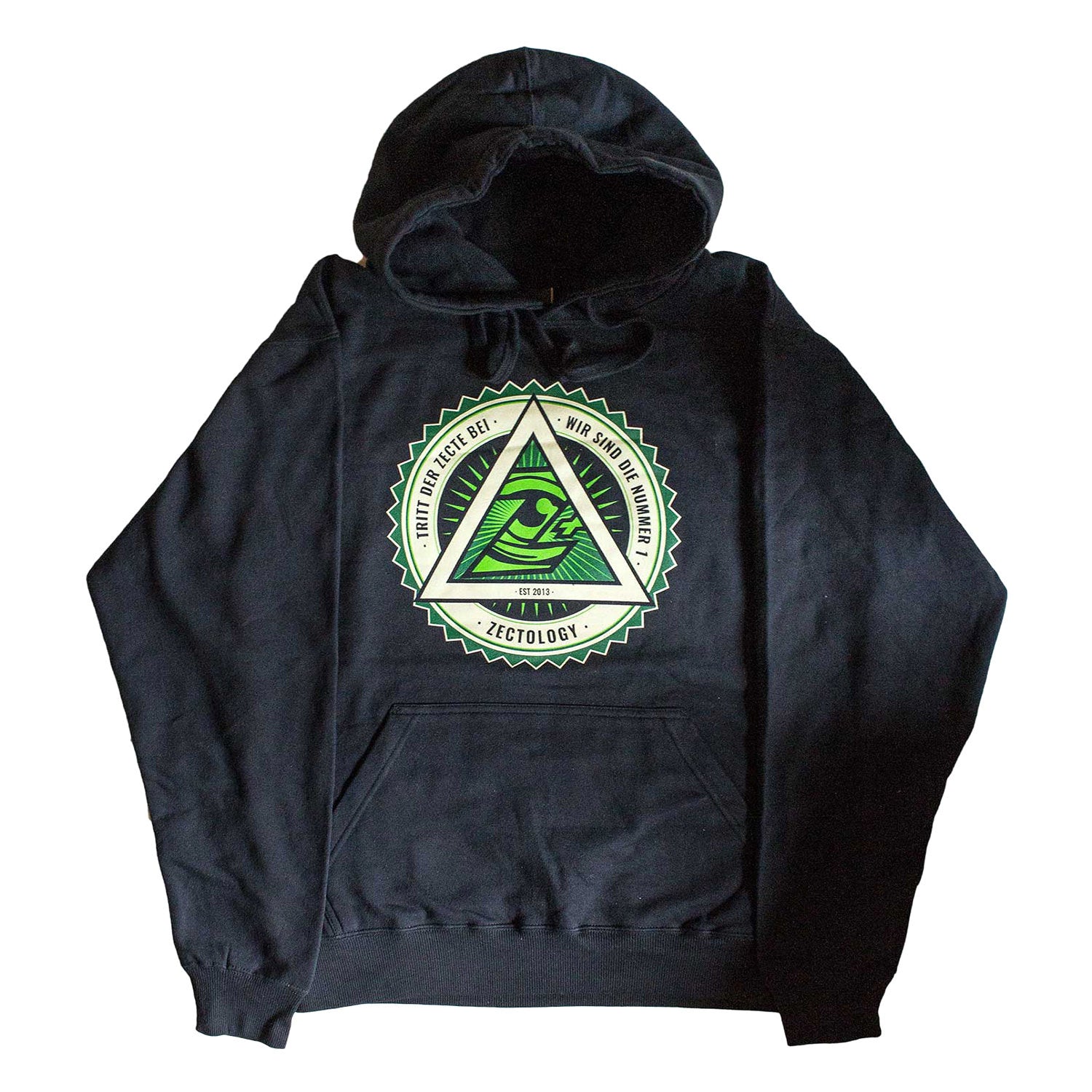 Schwarzer Hoodie mit grün-weißem Zectology-Logo-Print auf der Vorderseite