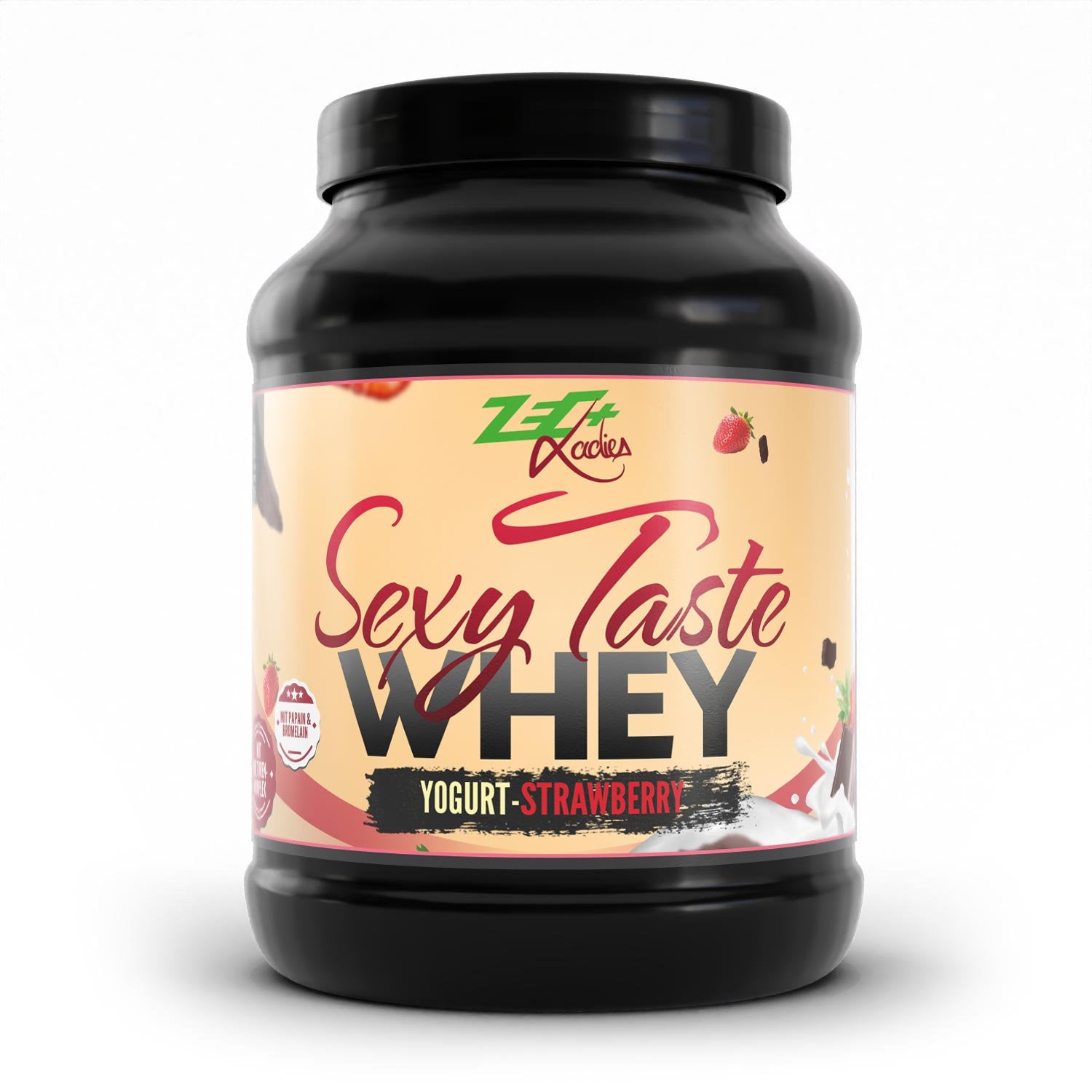 Zecplus Ladies Sexy Taste Whey Joghurt Erdbeere 500g Proteinpulver Vorderseite schwarze Kunststoffdose