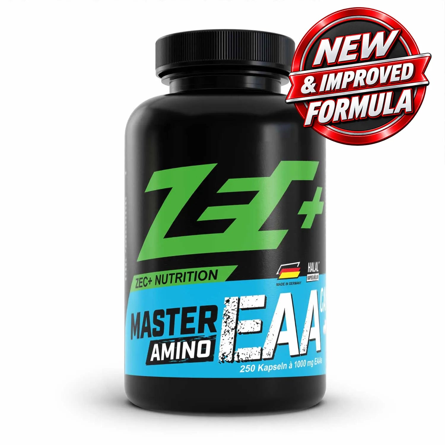 Zecplus Master Amino EAA 250 Kapseln Vorderseite schwarze Kunststoffdose