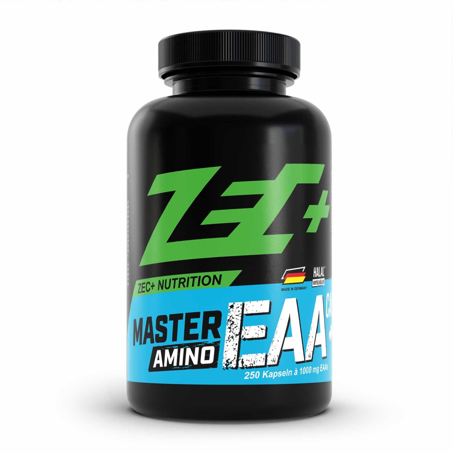 Zecplus Master Amino EAA 250 Kapseln Vorderseite schwarze Kunststoffdose