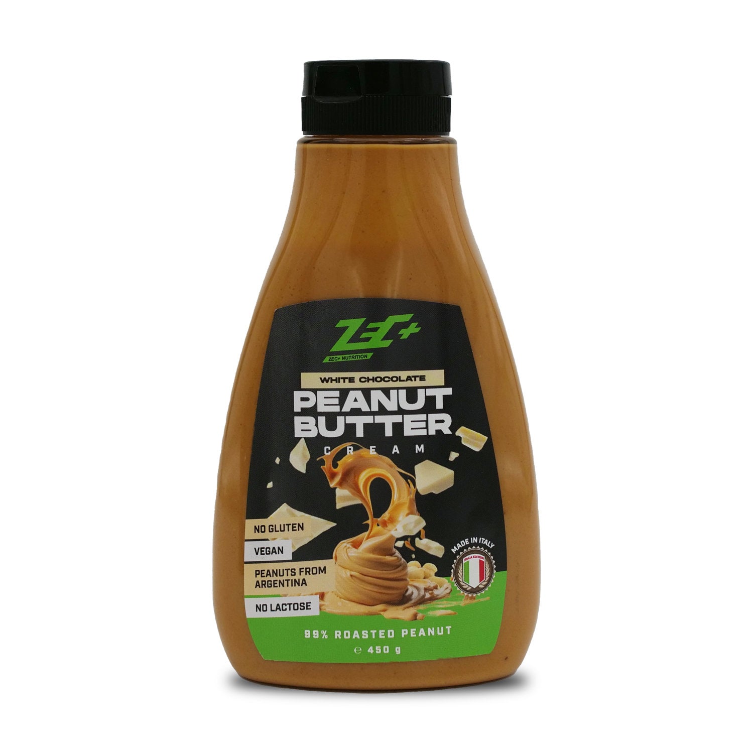 Zecplus Peanut Butter White Chocolate Erdnussbutter 450g Vorderseite transparente Dosierflasche