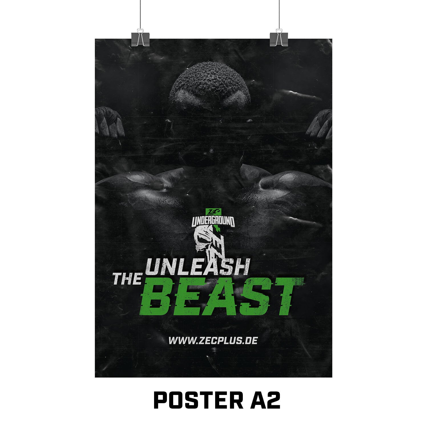 Zec+ Poster DIN A2 mit Unleash the Beast Aufdruck und Mann beim Muskelposing auf schwarzem Hintergrund