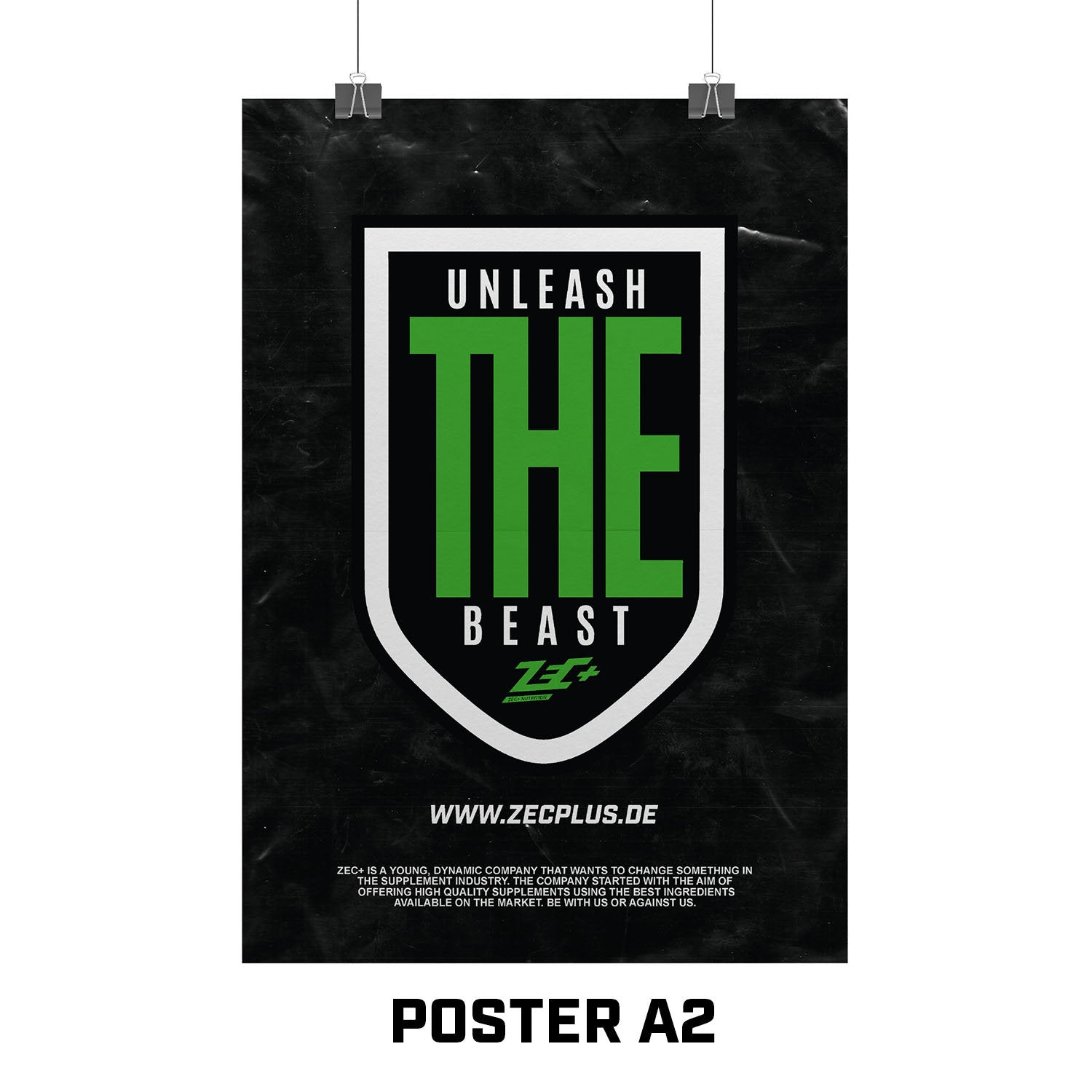 Zec+ Poster DIN A2 mit Unleash the Beast Aufdruck im Wappen-Design auf schwarzem Hintergrund