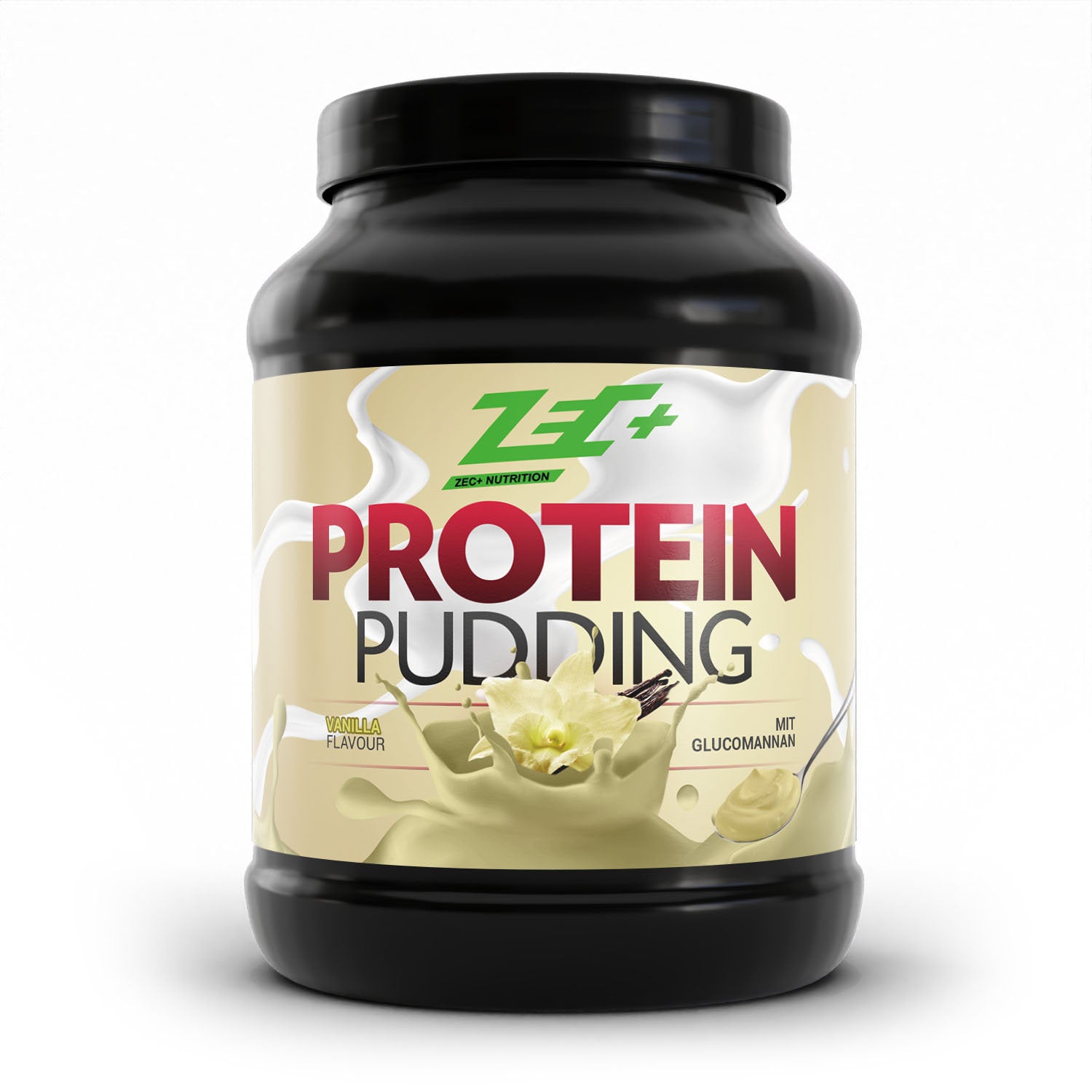Zecplus Proteinpudding Vanille 600g Pulver Vorderseite schwarze Kunststoffdose