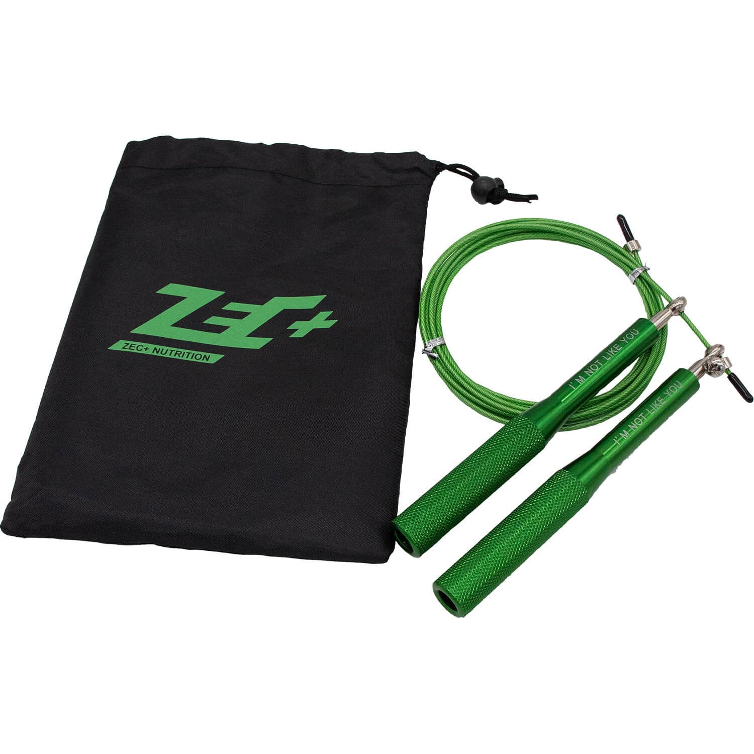 Zec+ Springseil grün mit Metallgriffen und schwarzem Beutel, Vorderansicht