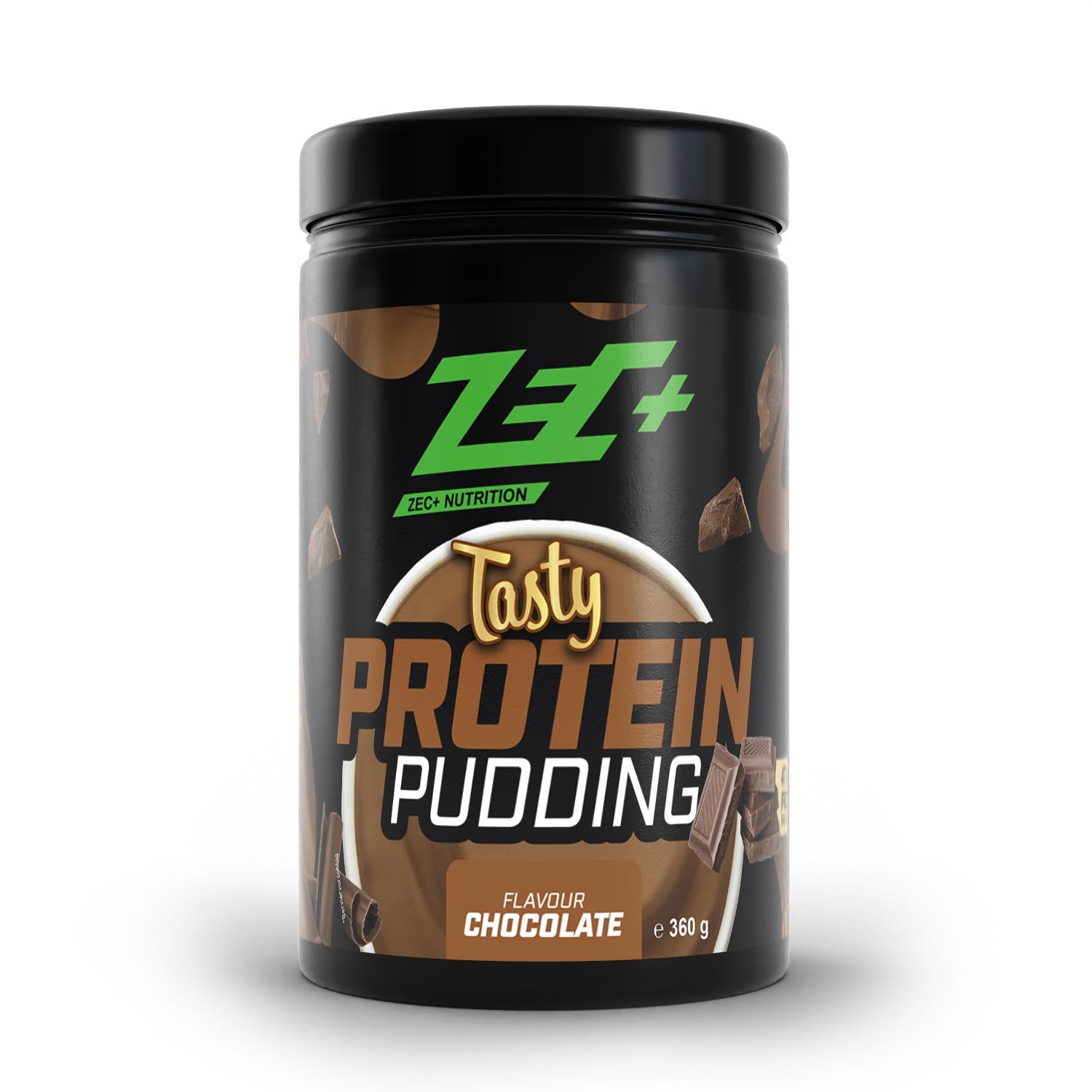 Zecplus Tasty Proteinpudding Schokolade 360g Pulver Vorderseite schwarze Kunststoffdose