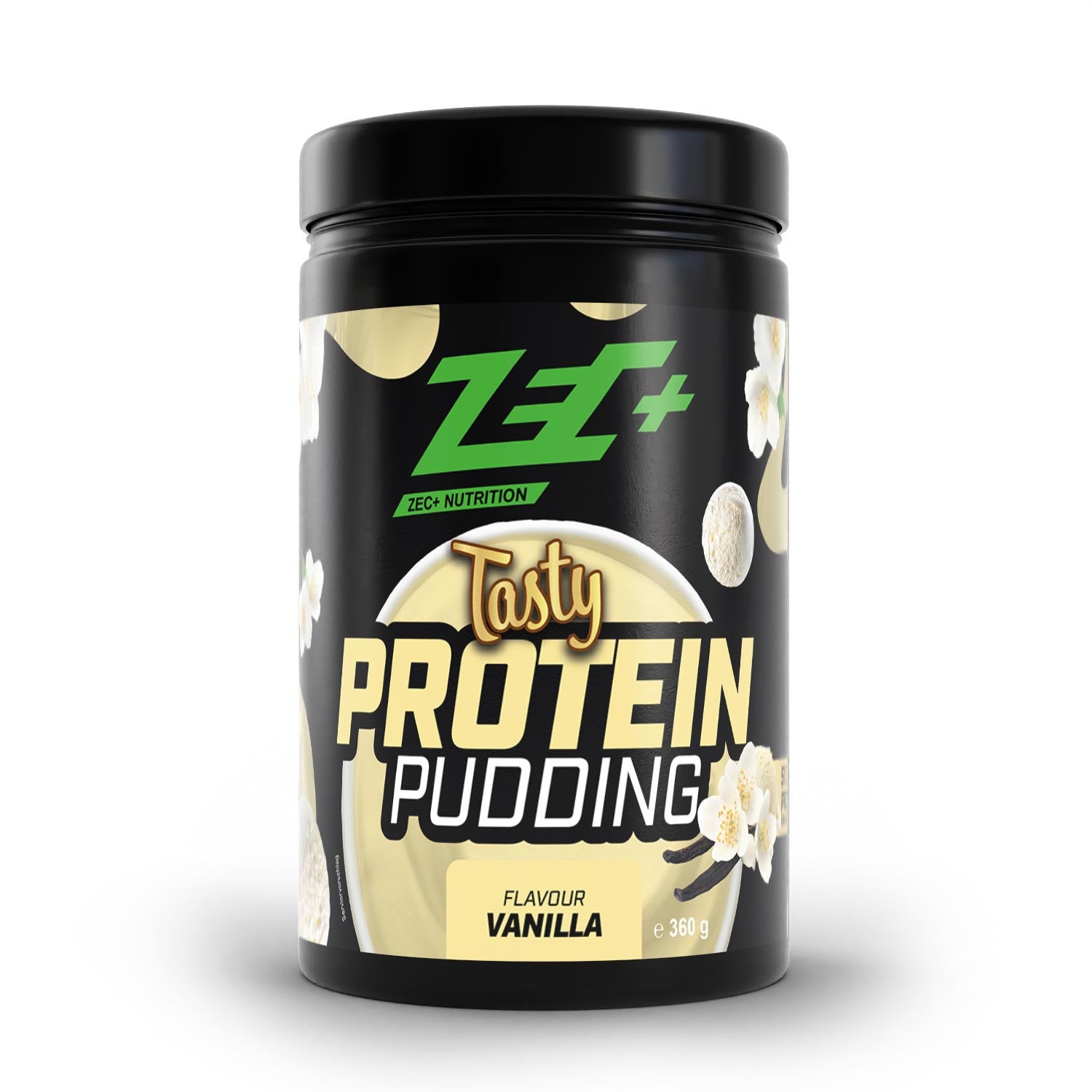 Zecplus Tasty Proteinpudding Vanille 360g Pulver Vorderseite schwarze Kunststoffdose