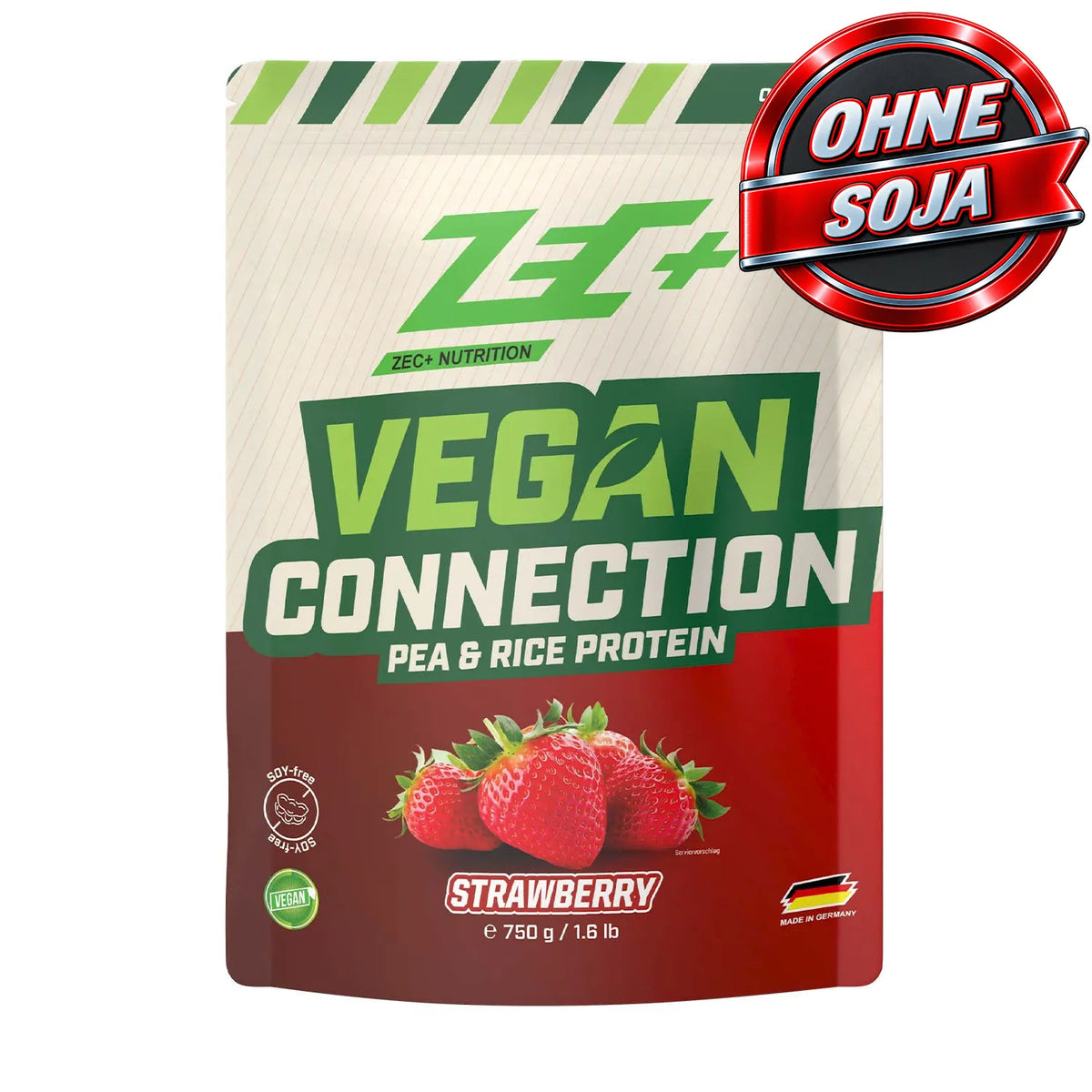 Zecplus Vegan Connection Erdbeere 750g Eiweißpulver Vorderseite beiger Standbeutel 