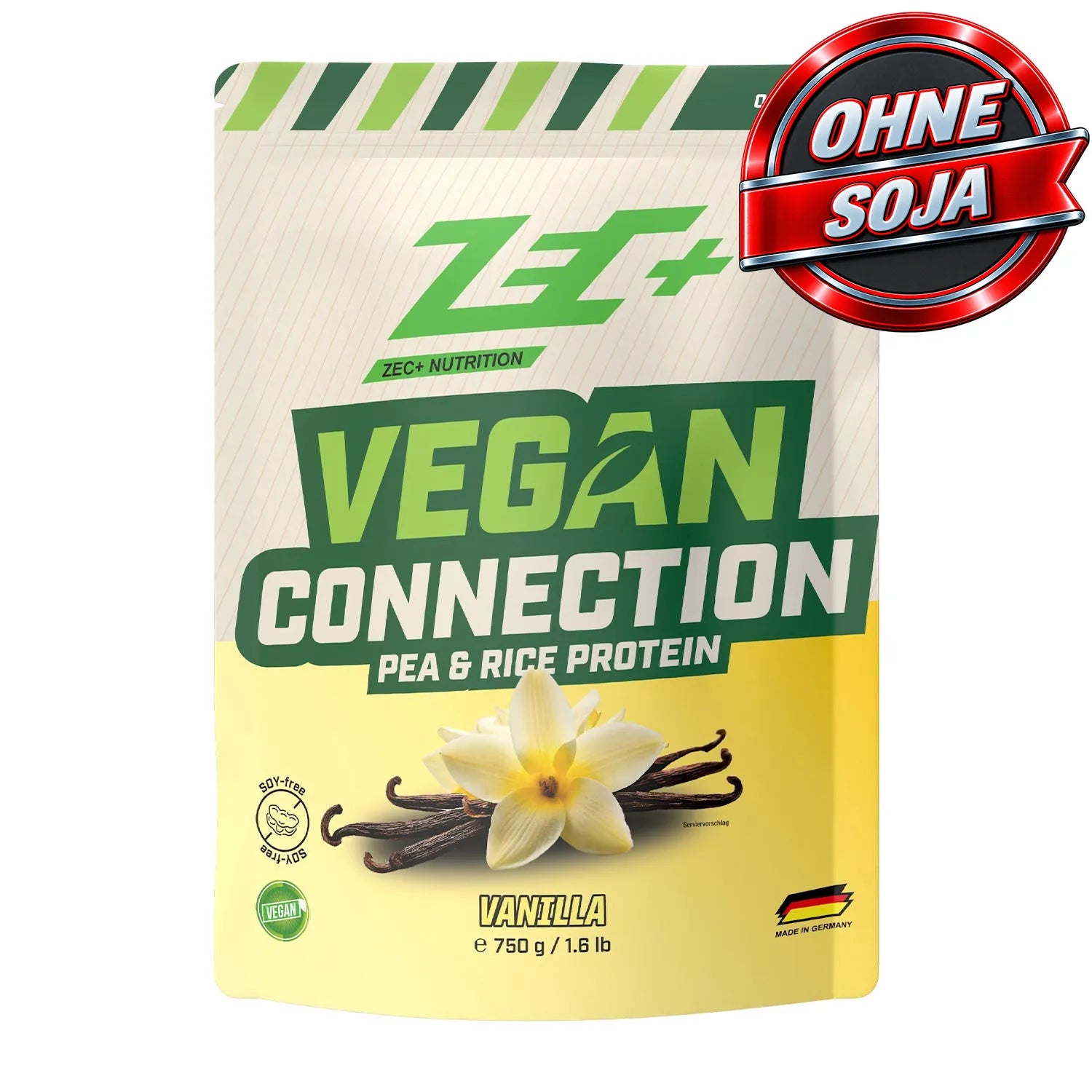 Zecplus Vegan Connection Vanille 750g Eiweißpulver Vorderseite beiger Standbeutel 