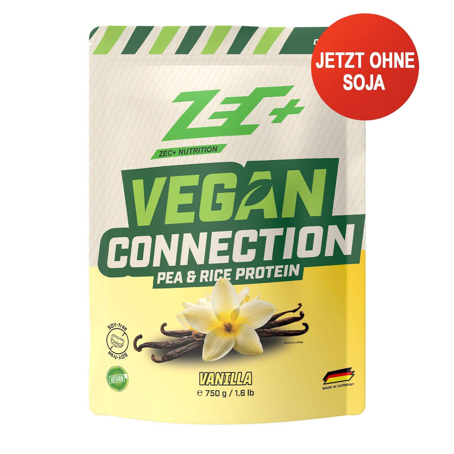 Zecplus Vegan Connection Vanille 750g Eiweißpulver Vorderseite beiger Standbeutel 