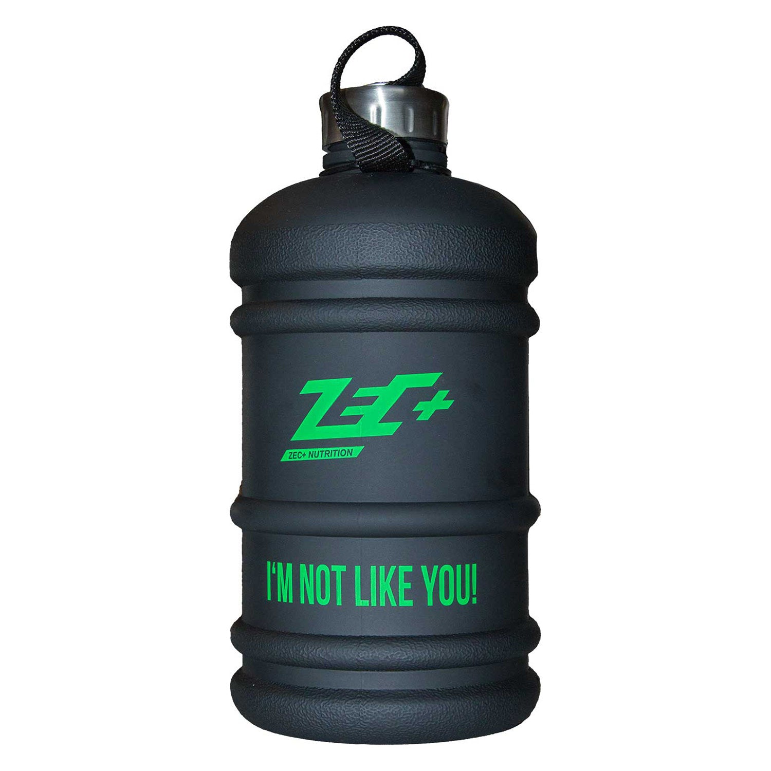 Schwarze 2,2L Wasserflasche mit grünem Zec+ Logo und Schriftzug I‘M NOT LIKE YOU!