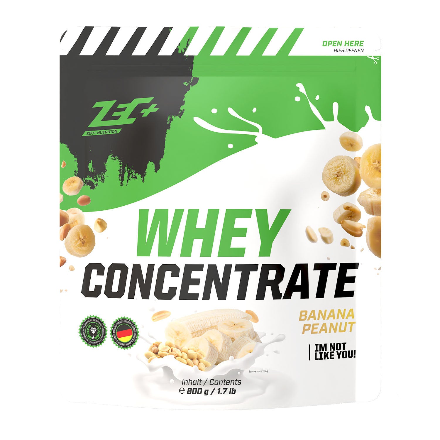 Zecplus Whey Concentrate Banane Erdnuss Eis 800g Proteinpulver Vorderseite grün-weißer Standbeutel