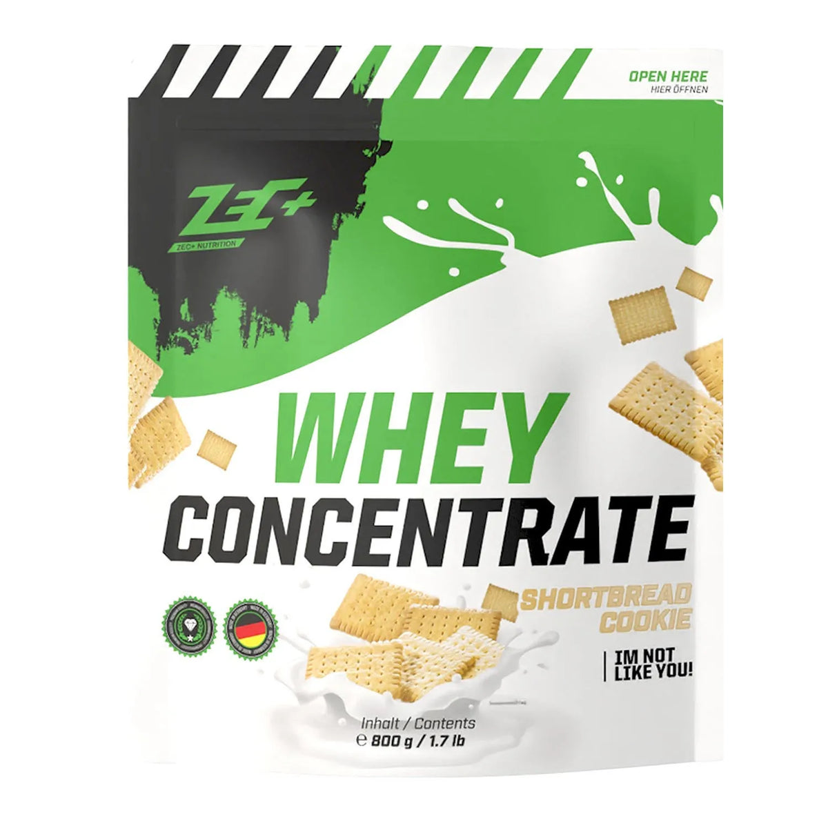 Zecplus Whey Concentrate Butterkeks 800g Proteinpulver Vorderseite grün-weißer Standbeutel