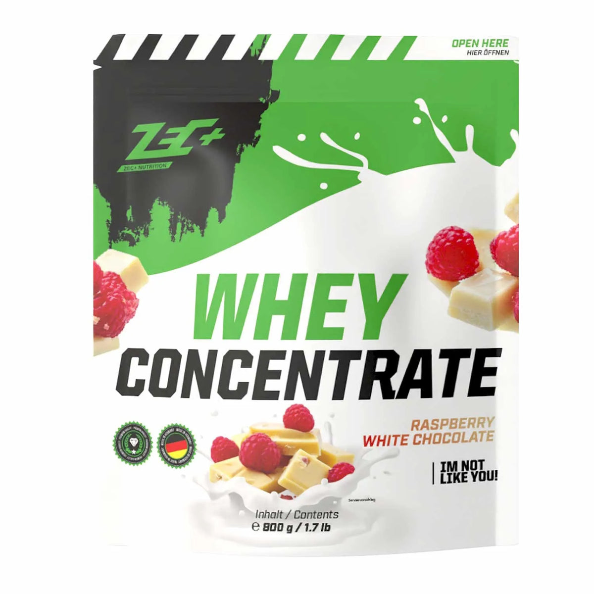 Zecplus Whey Concentrate Himbeere Weiße Schokolade 800g Proteinpulver Vorderseite grün-weißer Standbeutel