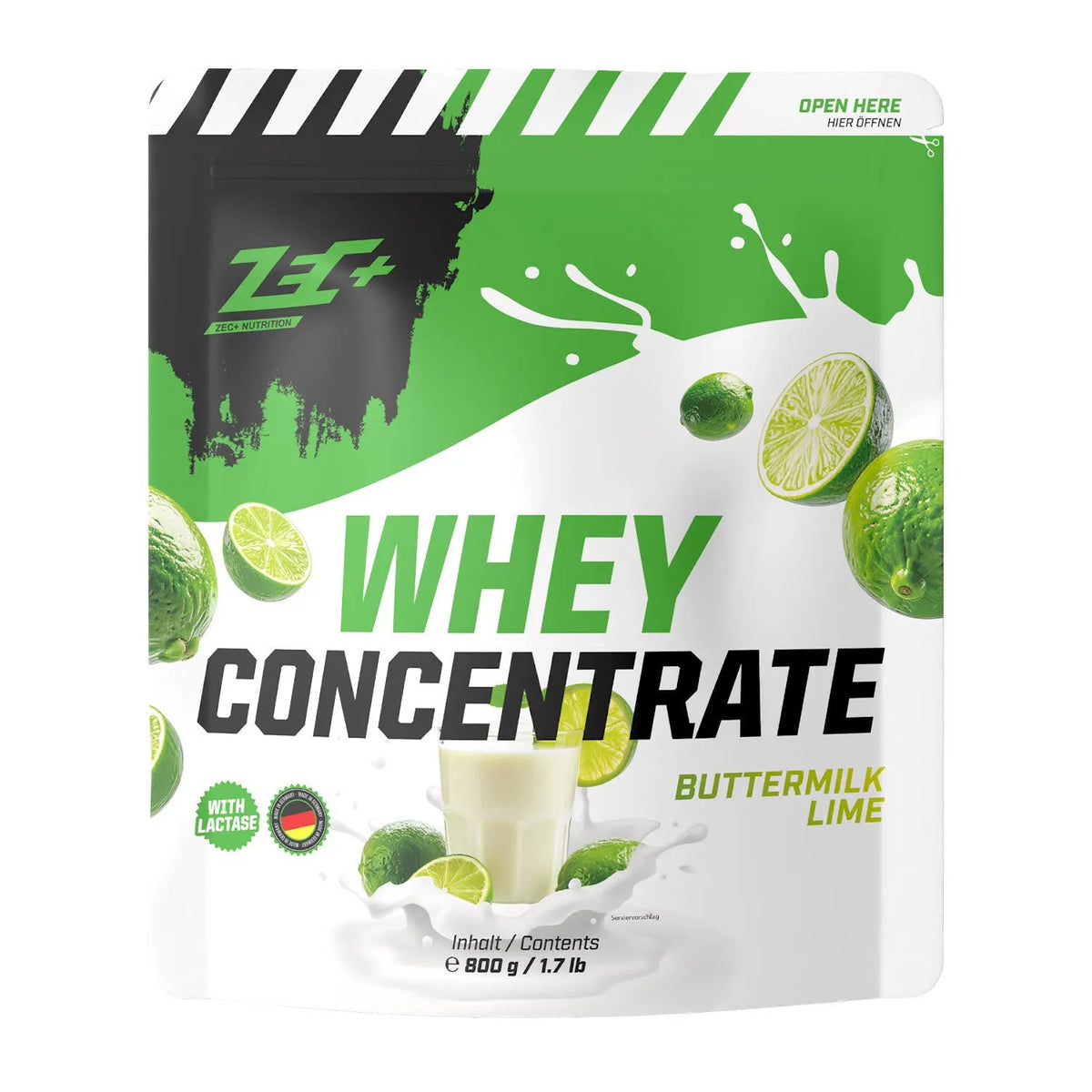 Zecplus Whey Concentrate Limette Buttermilch 800g Proteinpulver Vorderseite grün-weißer Standbeutel