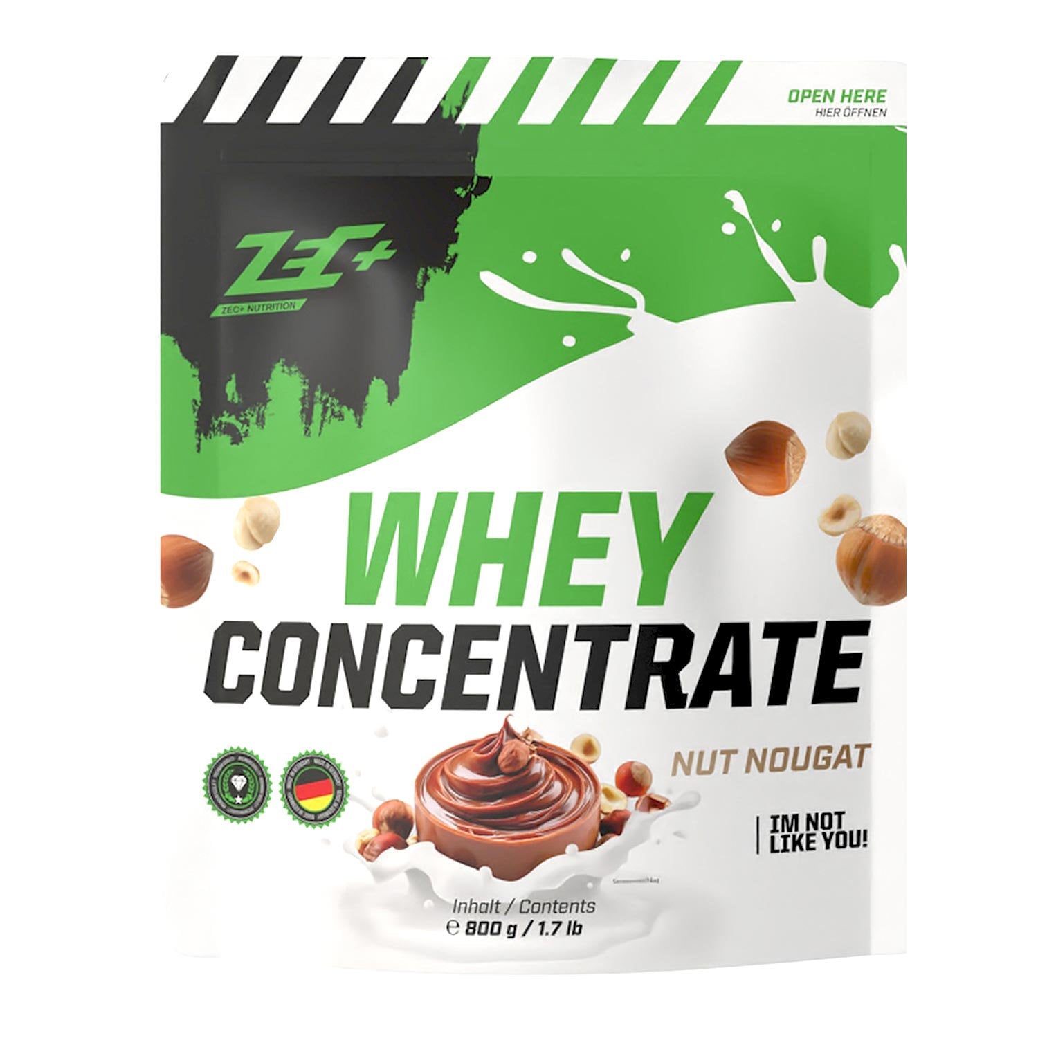 Zecplus Whey Concentrate Nuss Nougat 800g Proteinpulver Vorderseite grün-weißer Standbeutel