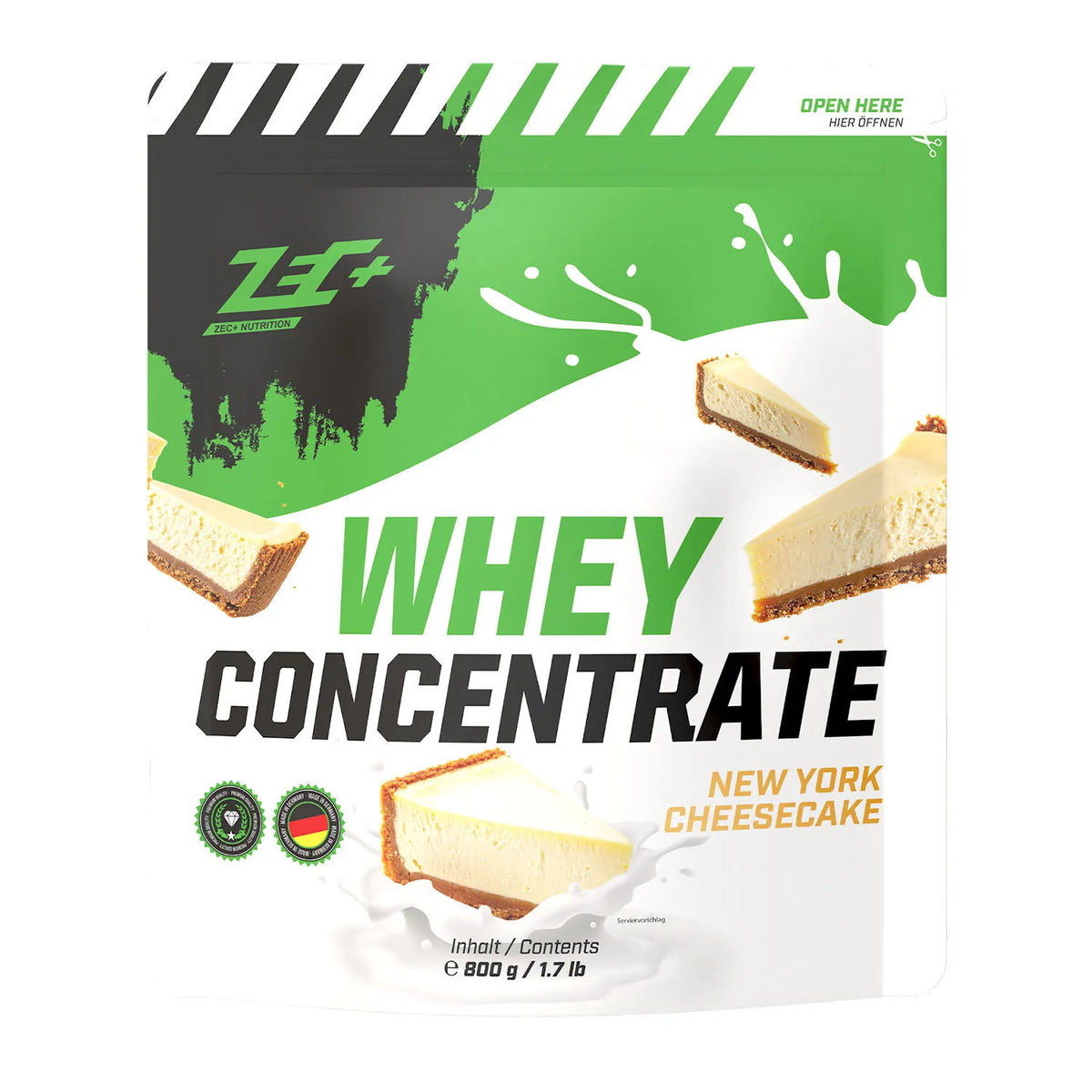 Zecplus Whey Concentrate New York Cheesecake 800g Proteinpulver Vorderseite grün-weißer Standbeutel