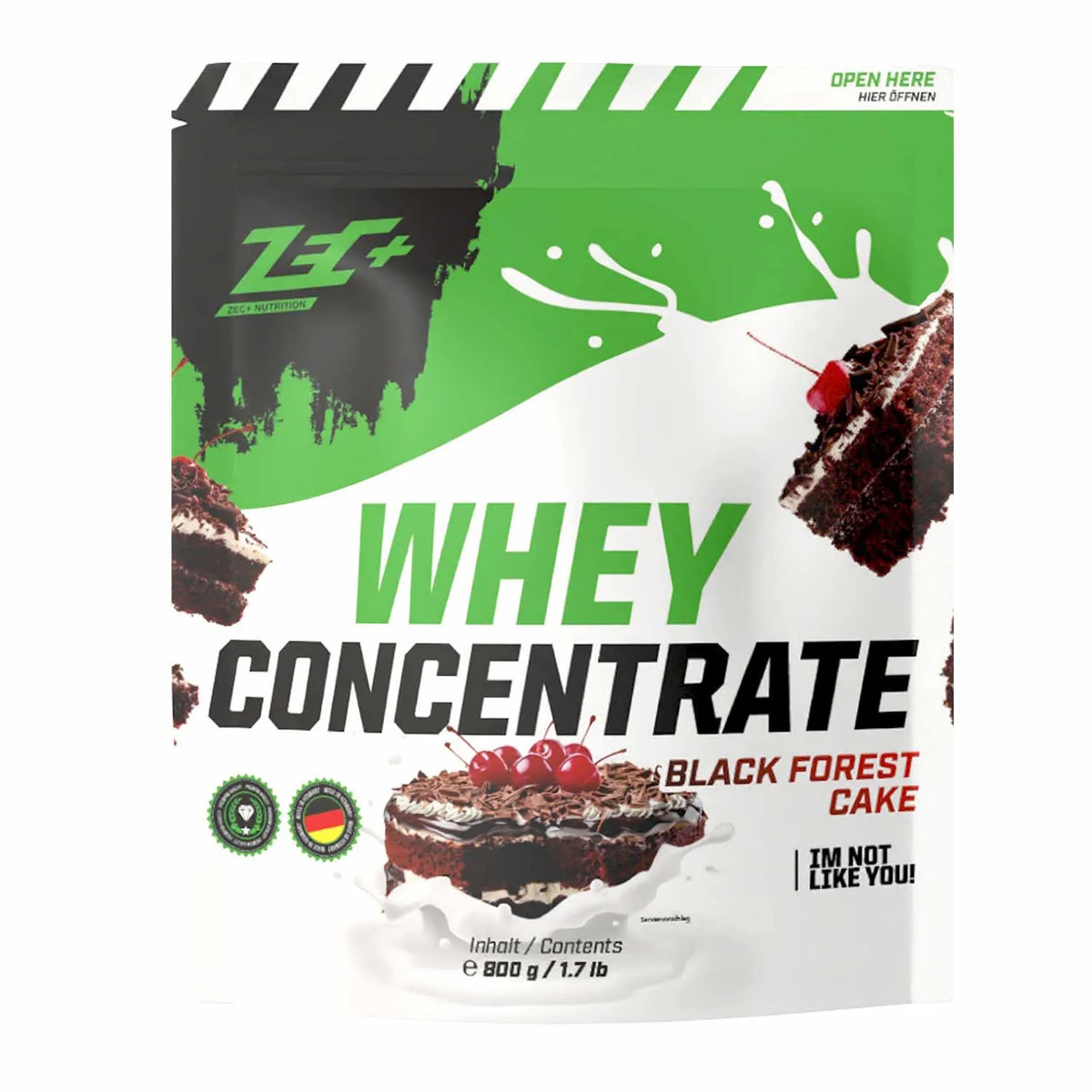 Zecplus Whey Concentrate Schwarzwälderkirsch Torte 800g Proteinpulver Vorderseite grün-weißer Standbeutel