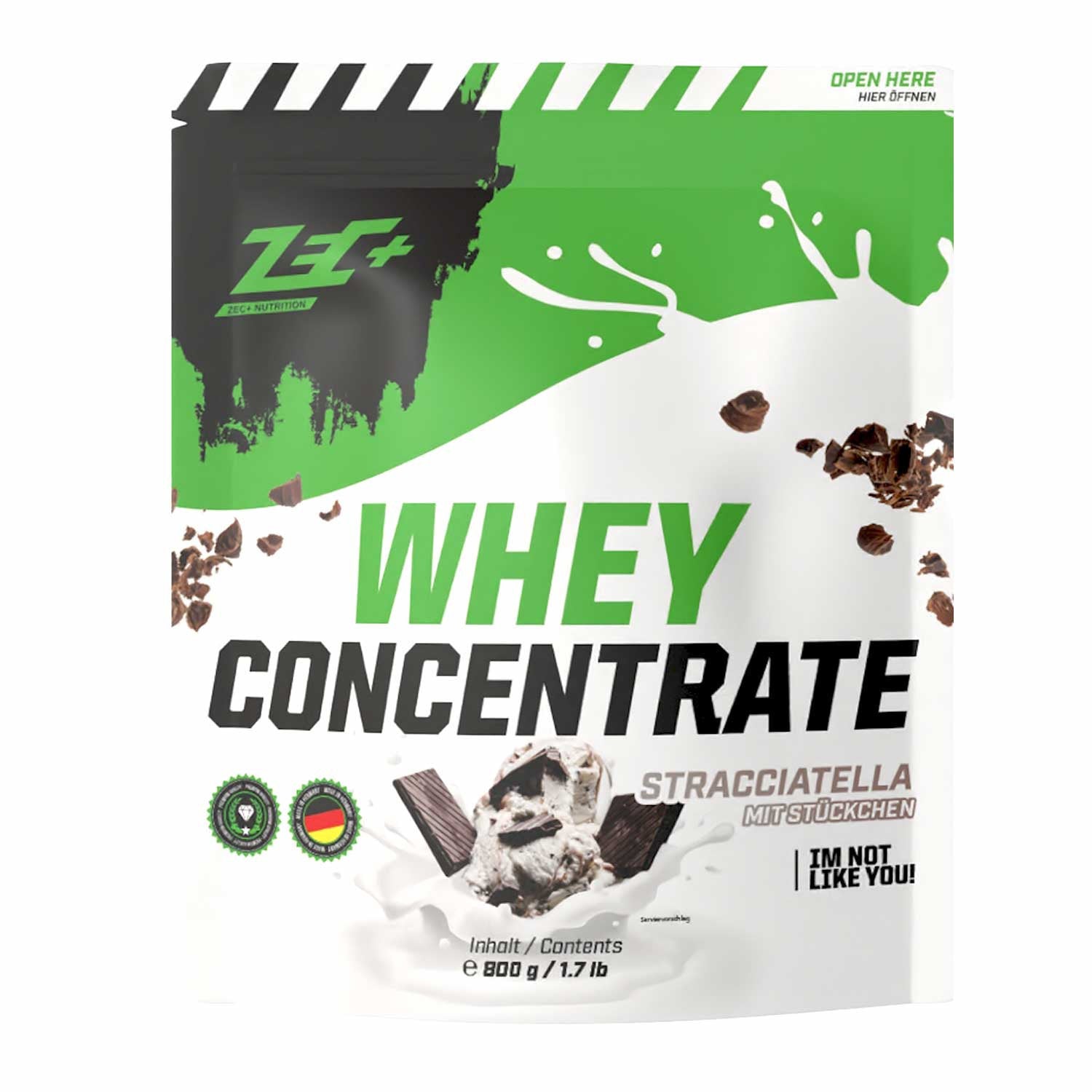 Zecplus Whey Concentrate Stracciatella 800g Proteinpulver Vorderseite grün-weißer Standbeutel