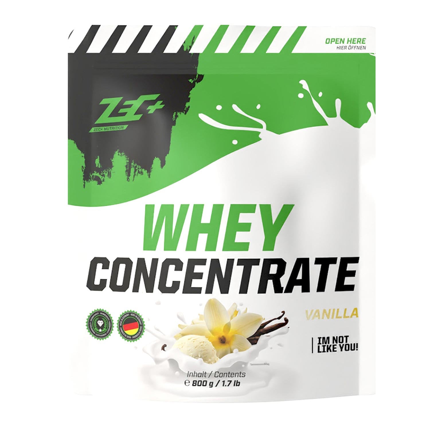 Zecplus Whey Concentrate Vanille 800g Proteinpulver Vorderseite grün-weißer Standbeutel
