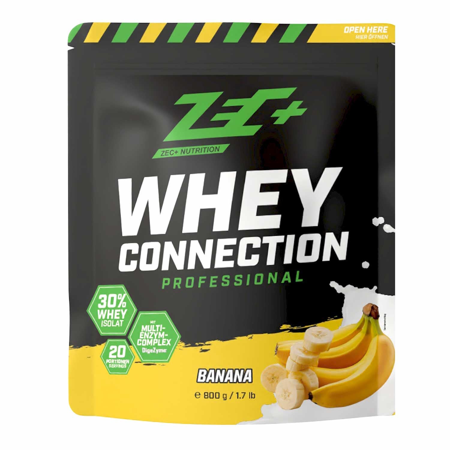 Zecplus Whey Connection Banane 800g Proteinpulver Vorderseite schwarzer Standbeutel