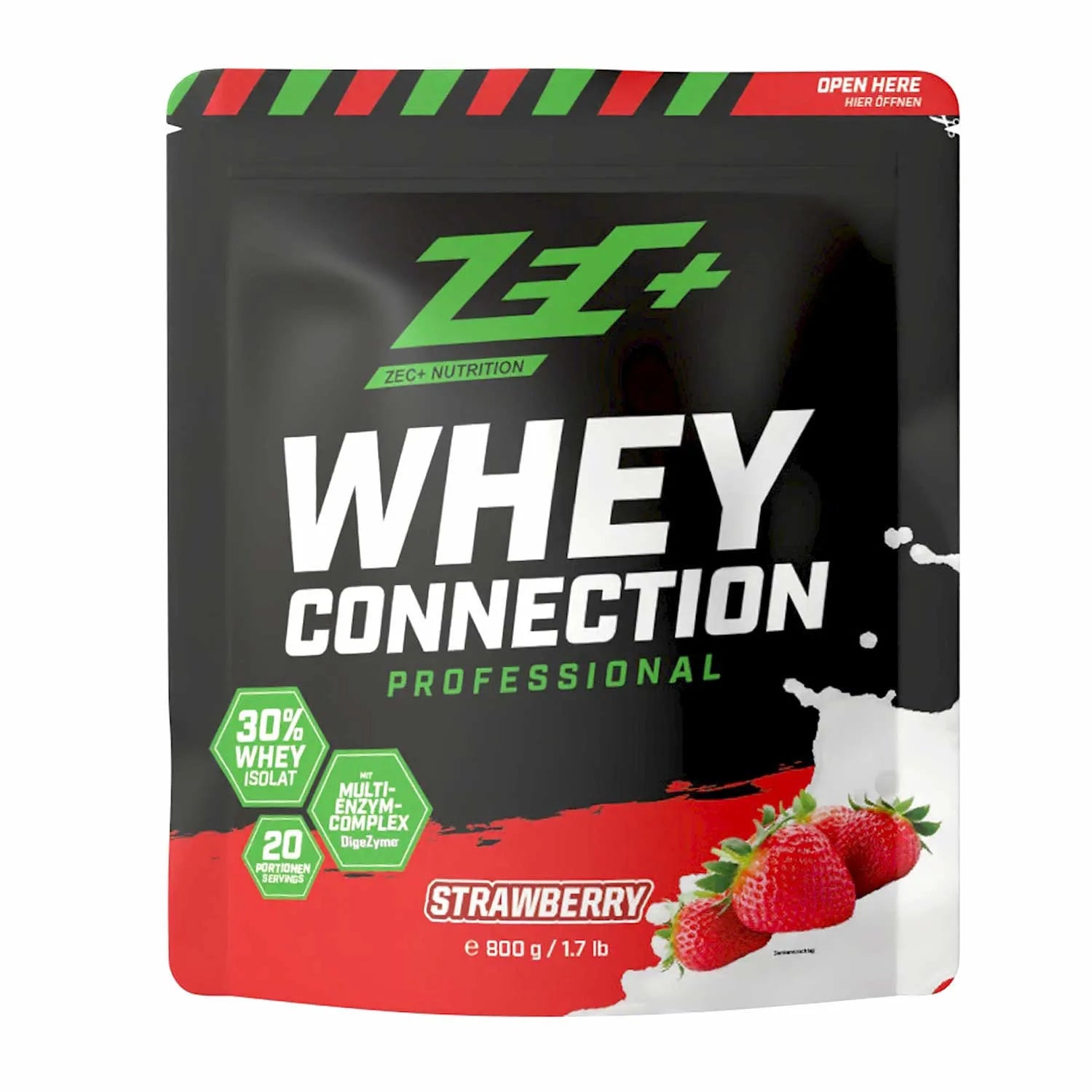 Zecplus Whey Connection Erdbeere 800g Proteinpulver Vorderseite schwarzer Standbeutel